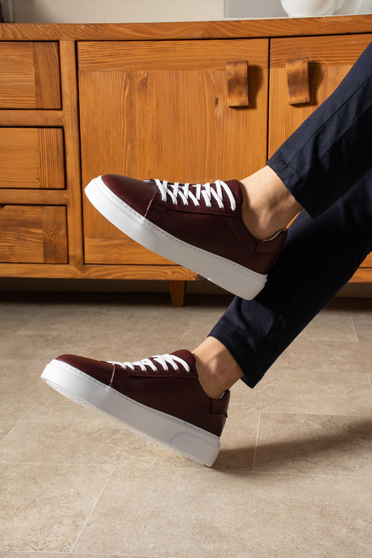 Safari Ayakkabı-Men's Leather Sneakers - Tommy Burgundy Shoes 2