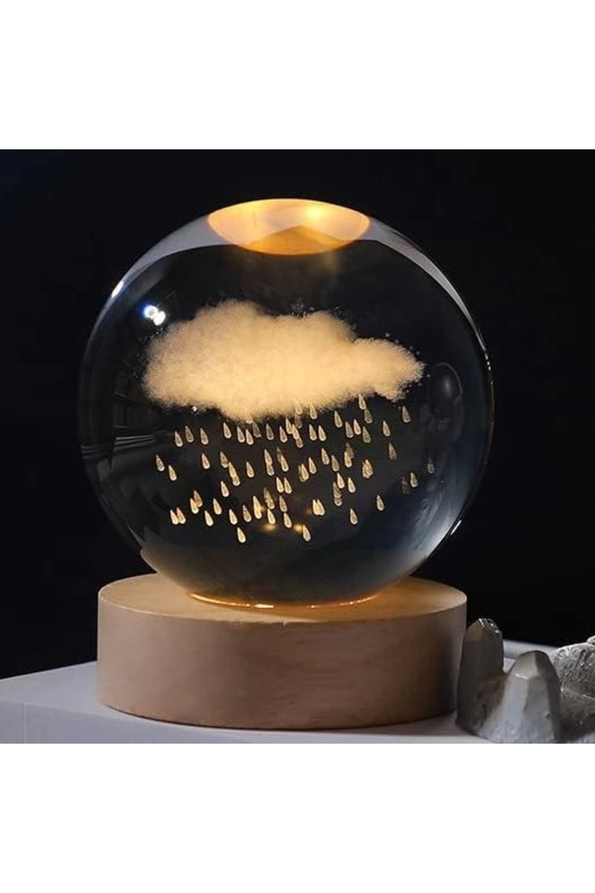 nicefrog Dekoratif Bulut Ve Yağmur Tasarımlı Ahşap Altlıklı Işıklı Cam Küre Cam:6cm Ahşap:2cm