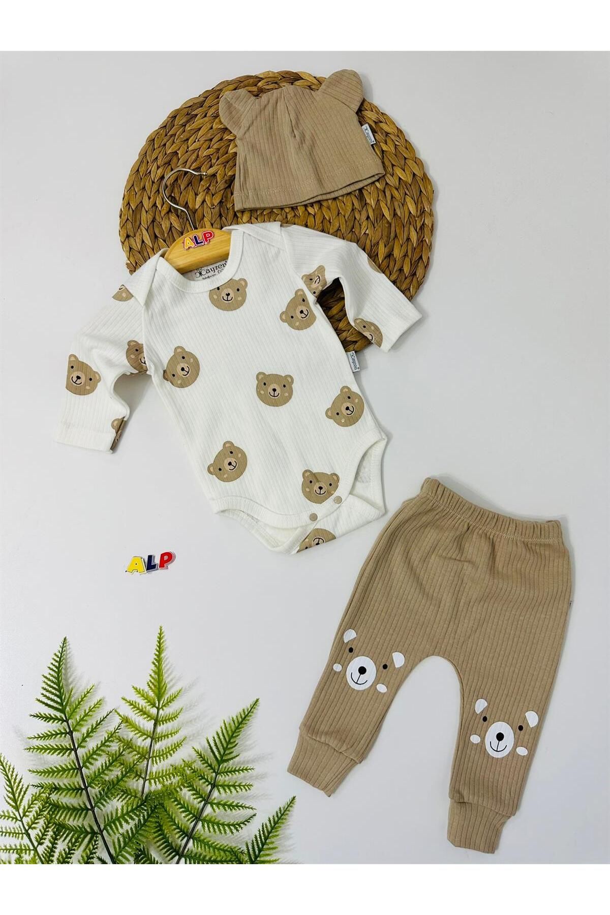 Alpbebe Bear şapkalı set bej