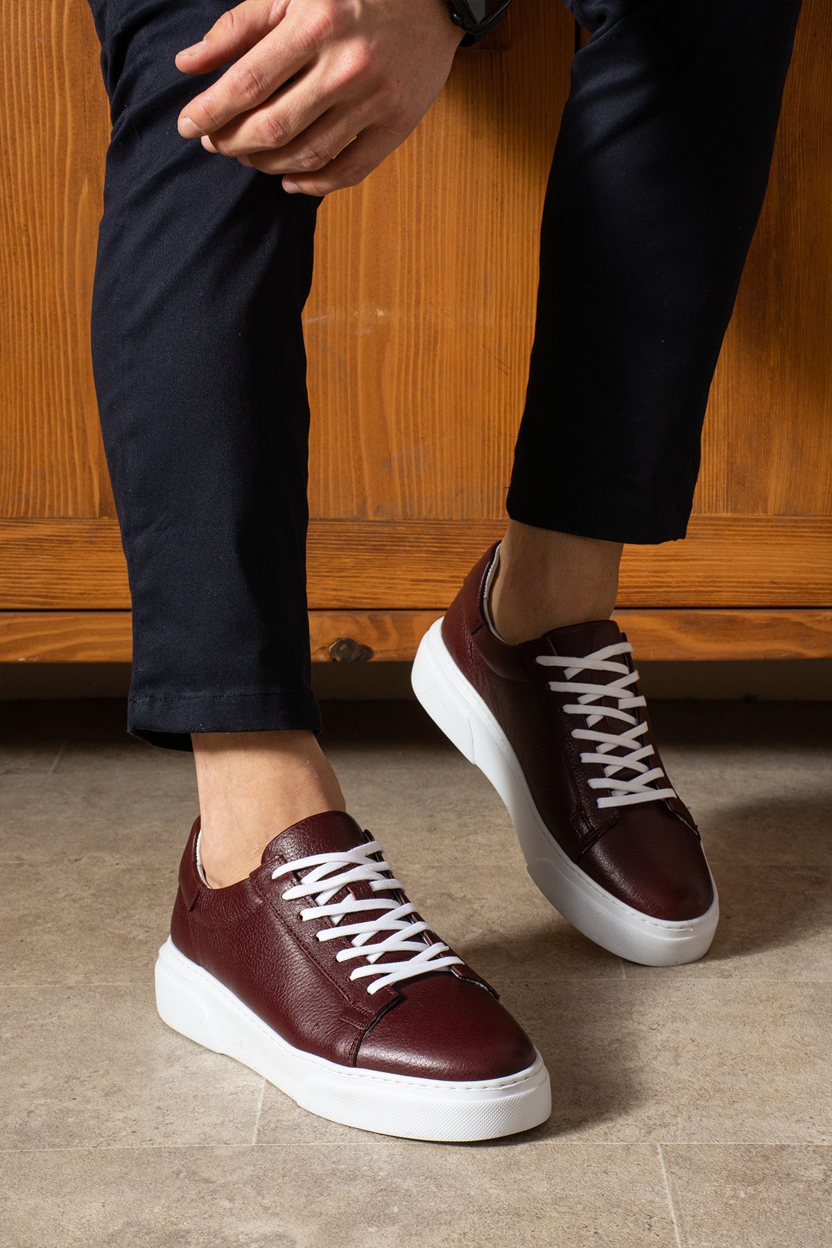 Safari Ayakkabı-Men's Leather Sneakers - Tommy Burgundy Shoes 5
