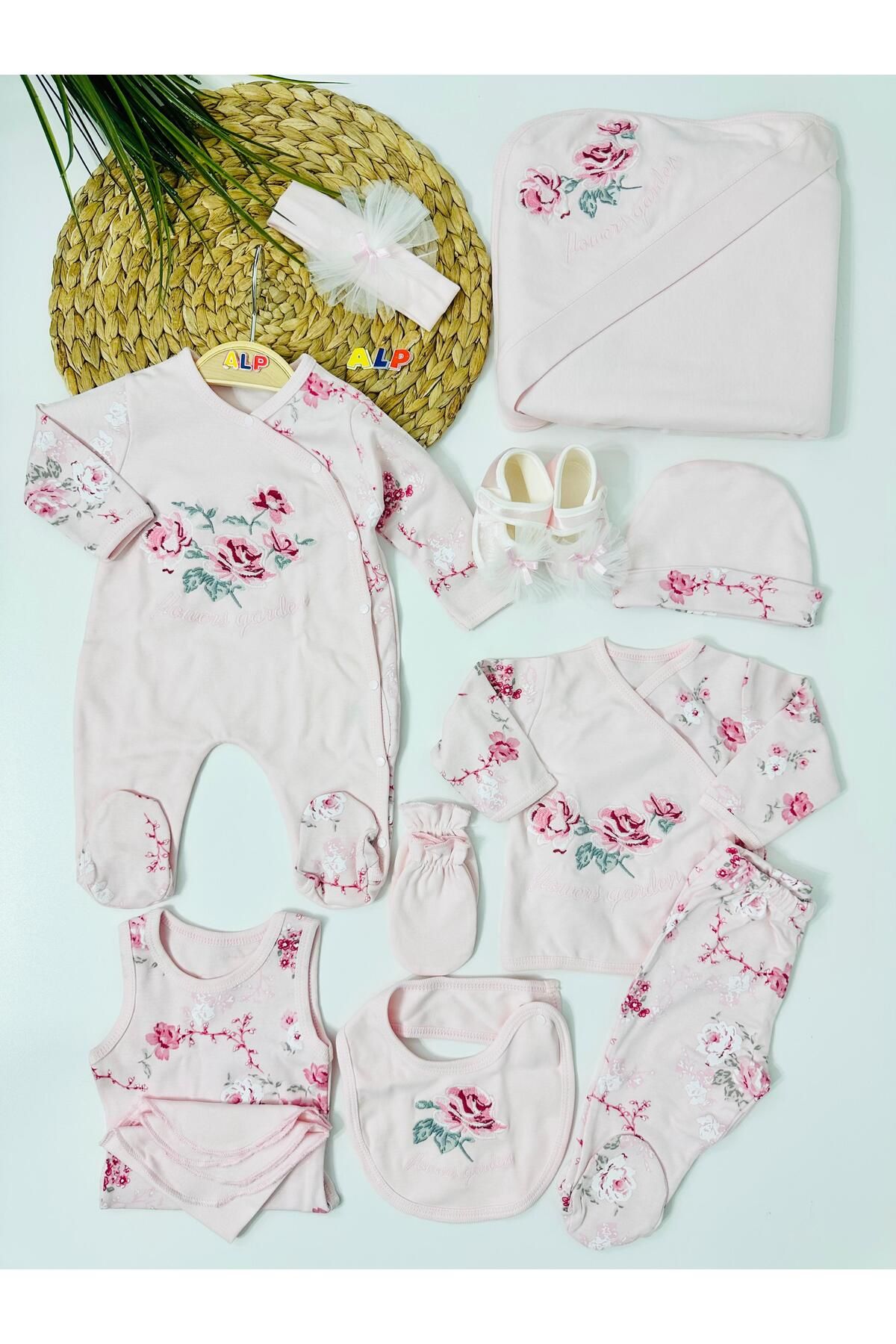 Alpbebe Rose   Çiçek Nakışlı  10 lu Hastane Çıkışı Set - Pembe