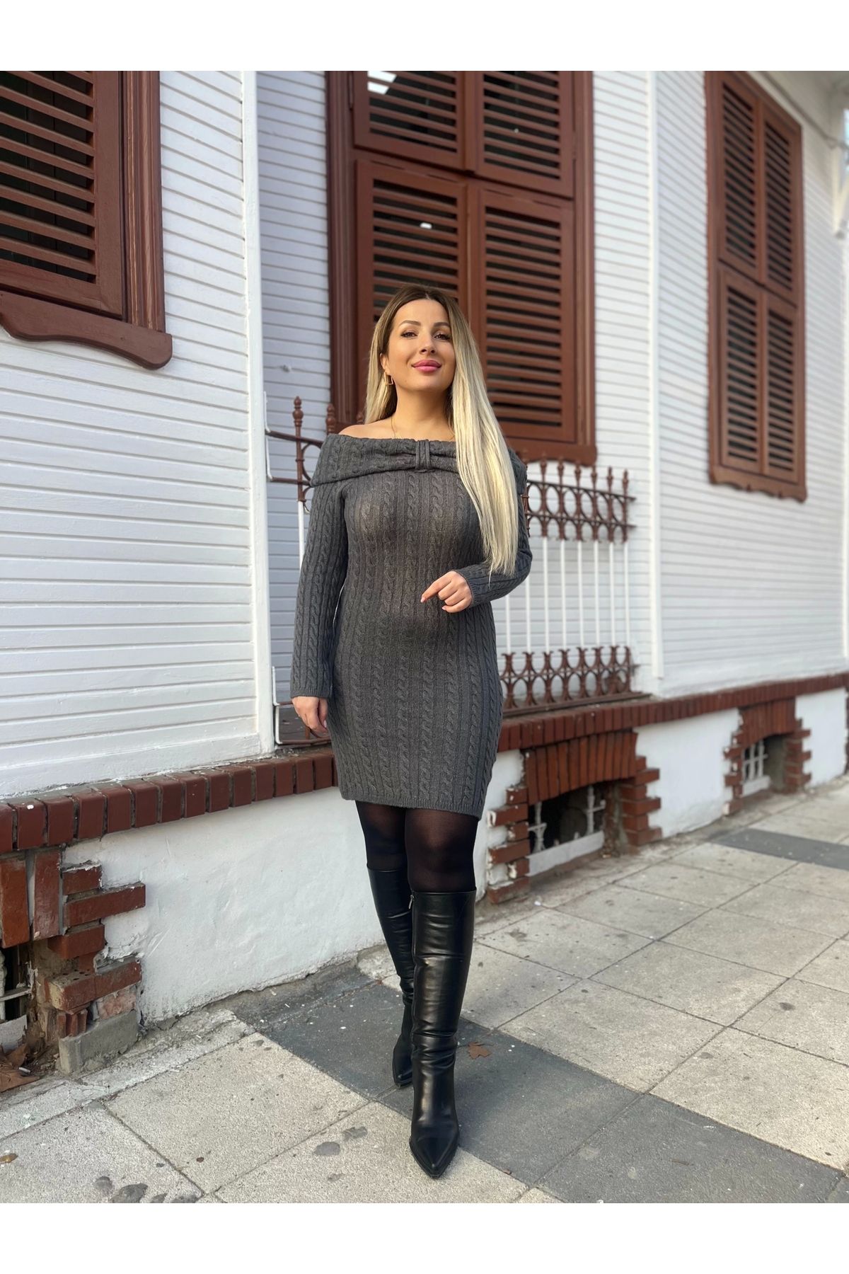 Nilüfer Moda Gri Triko Elbise