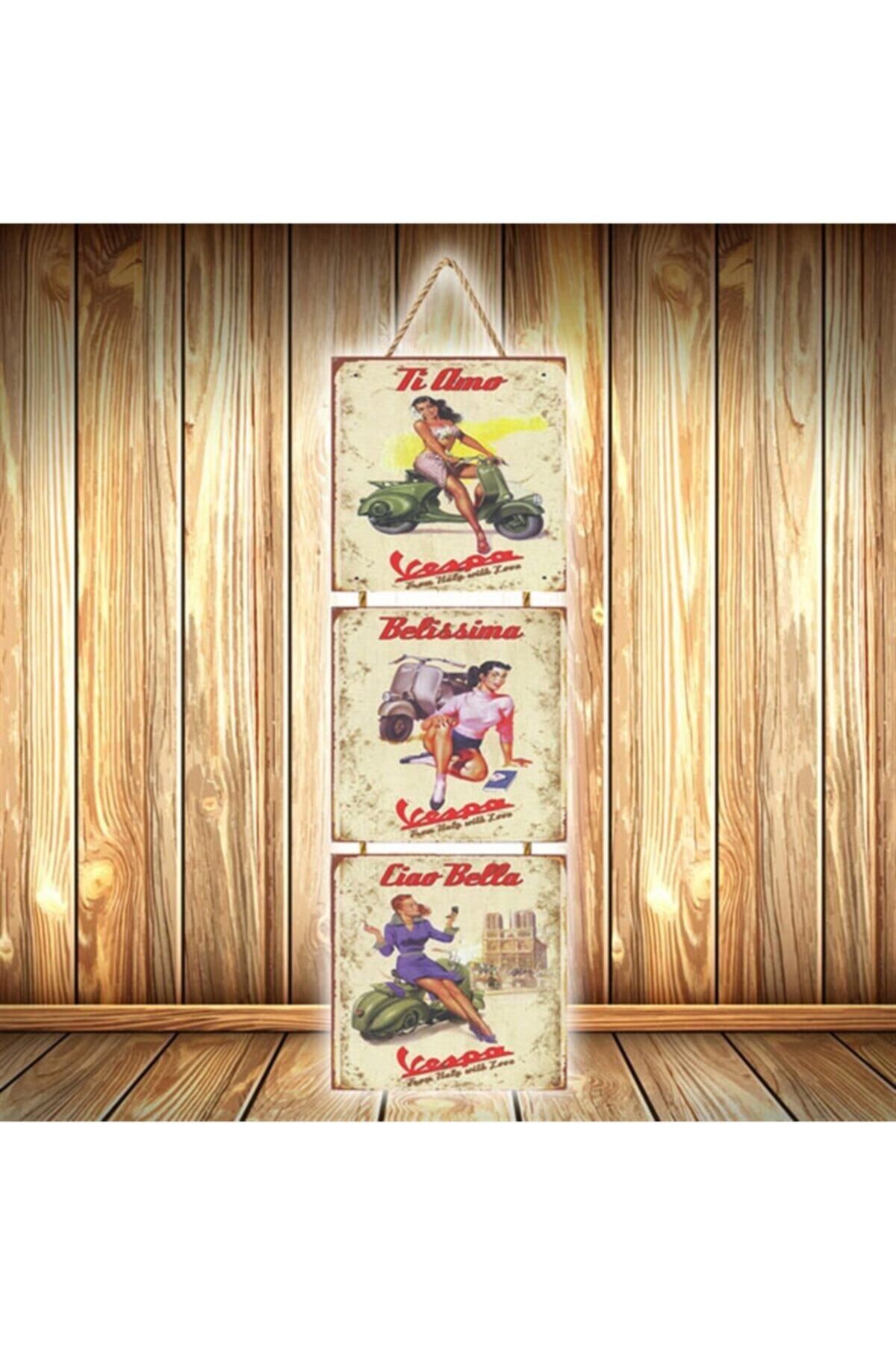 TAKIFİX Ti Amo Tasarımlı Üçlü Retro Ahşap Poster Ü555