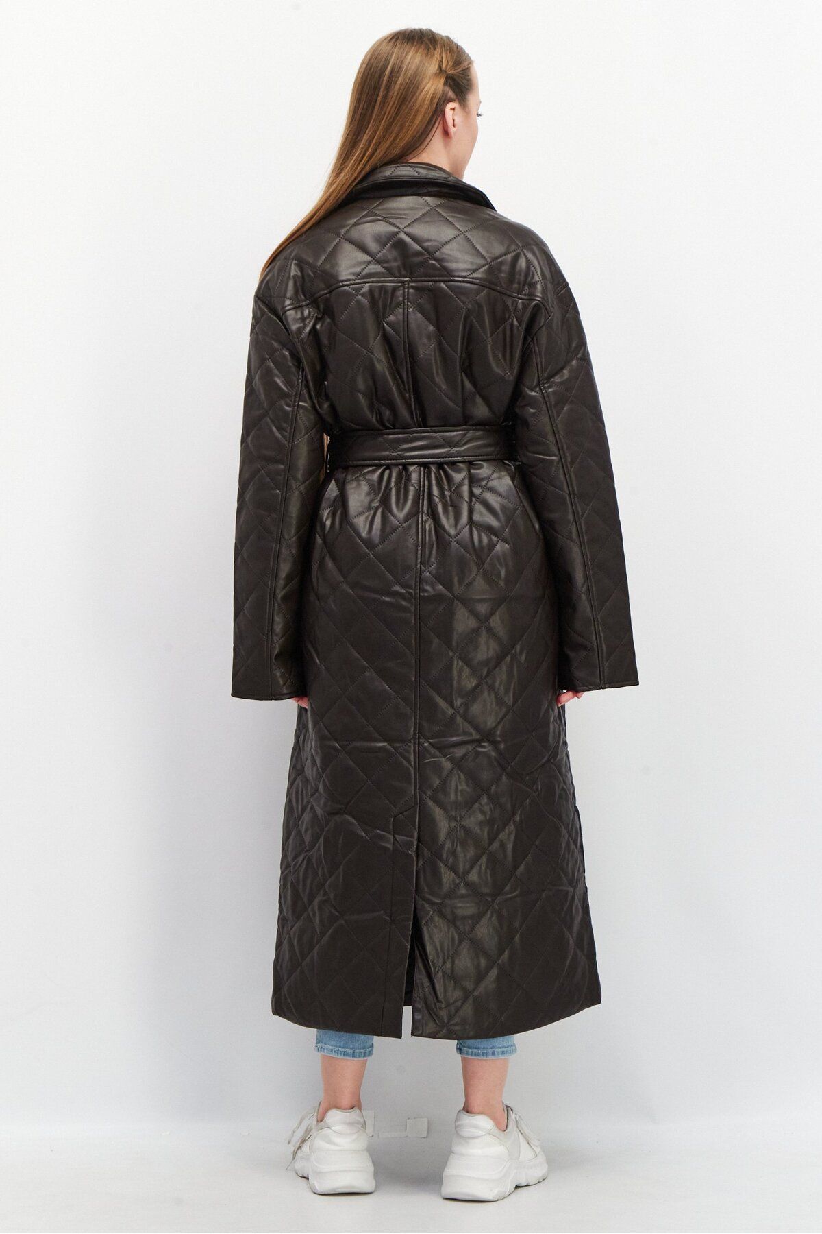Asos Design-Women Quilted Faux Leather Trench Coat, Dark Brown 3