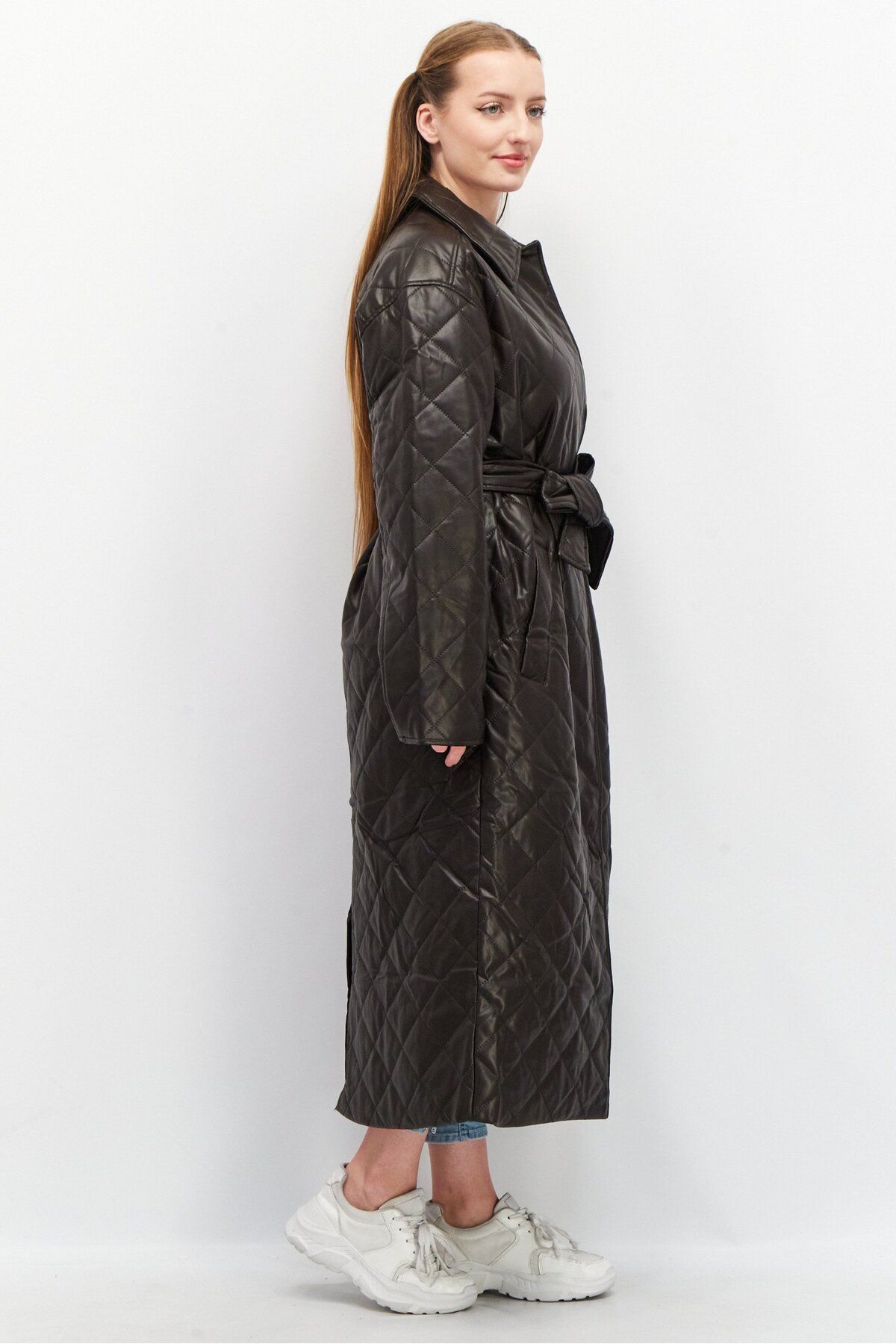 Asos Design-Women Quilted Faux Leather Trench Coat, Dark Brown 2