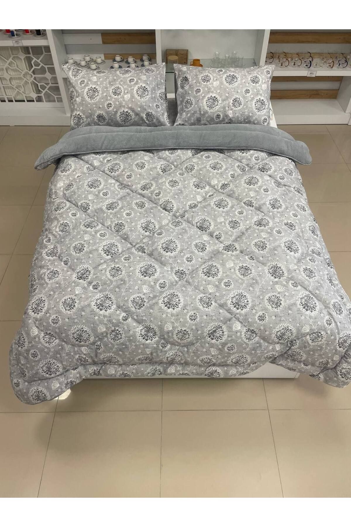 Sudem Home Collection Çift Kişilik Çift Taraflı Wellsoft Yorgan Polar Pufidik Yorgan Seti Dandelion Gri