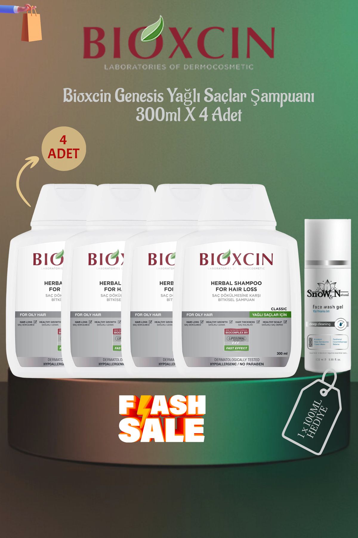 Bioxcin Genesis Yağlı Saçlar İçin Dökülme Karşıtı Bitkisel Şampuan 300ml x 4 Adet + 1 Adet 100ml Jel Hediye