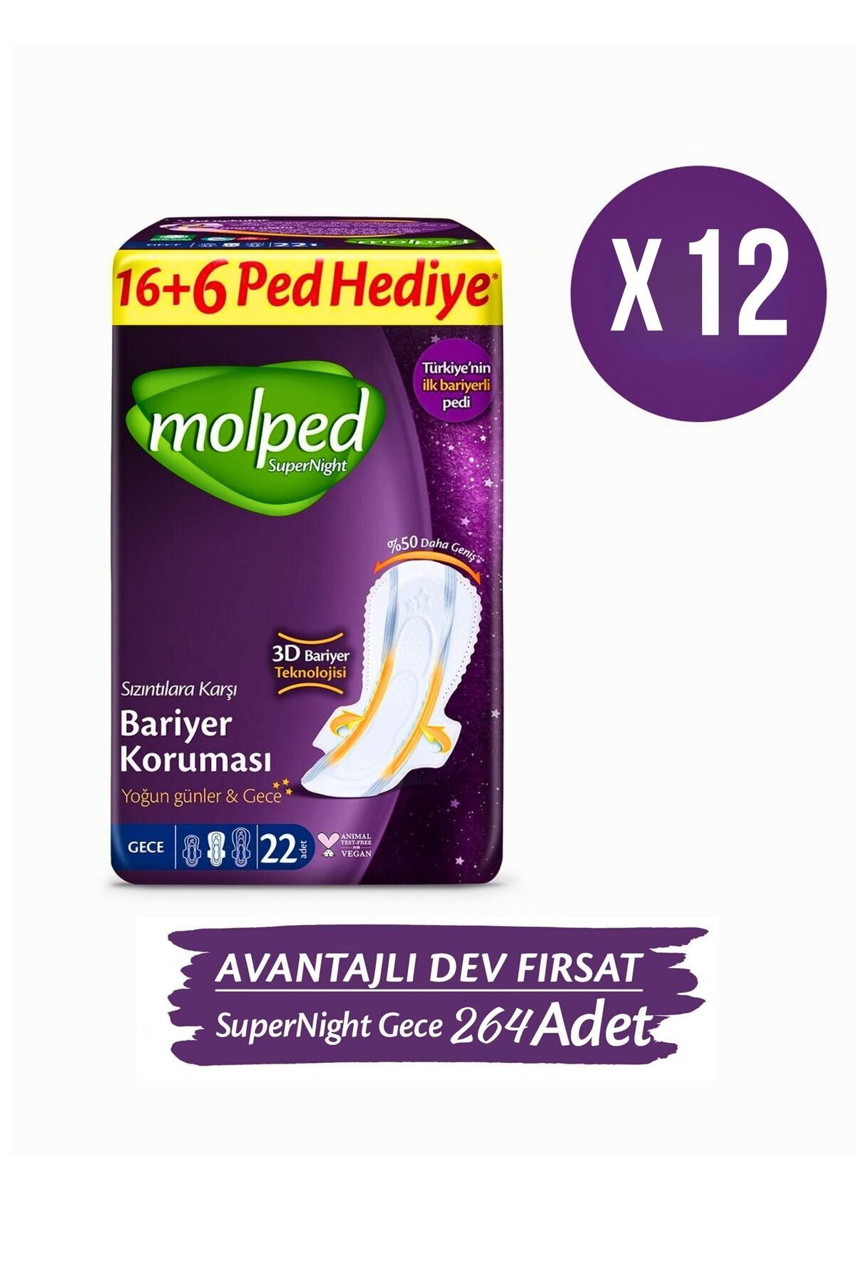 Molped SuperNight Gece Dev Ultra Hijyenik Bariyer Koruma Eko 22'Li x 12 Paket - 1 Koli 264 Adet Ped