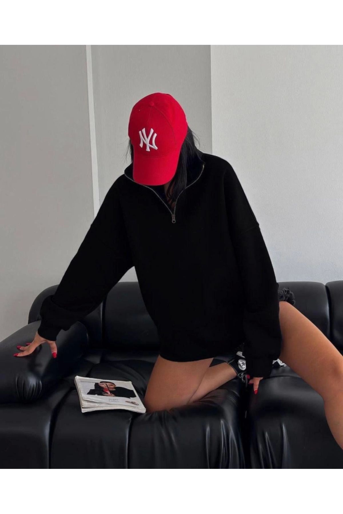 VELİZADE Polo Yaka Rahat Kesim Fermuarlı Model Kışlık İçi Yünlü 3 İplik Oversize Sweatshirt Kadın Kazak