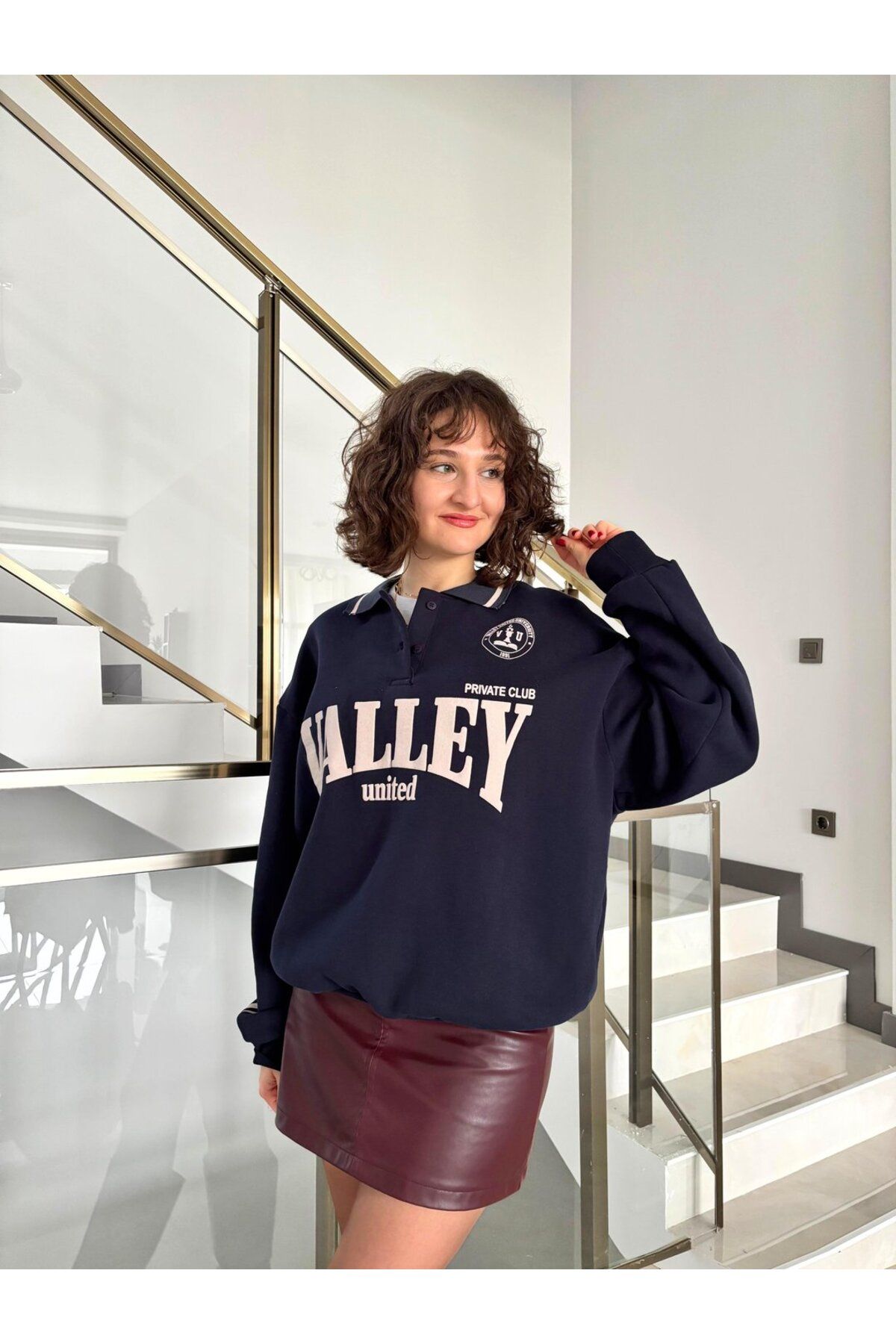 Butik Walley Baskılı Polo Yaka Sweatshirt