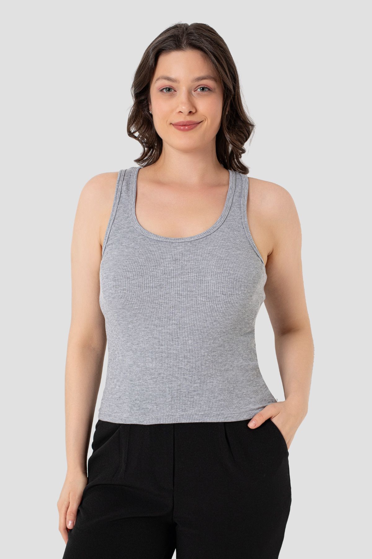 Arma Yıldız-Women's Ribbed Look Thick Strap Basic Gray Undershirt 1