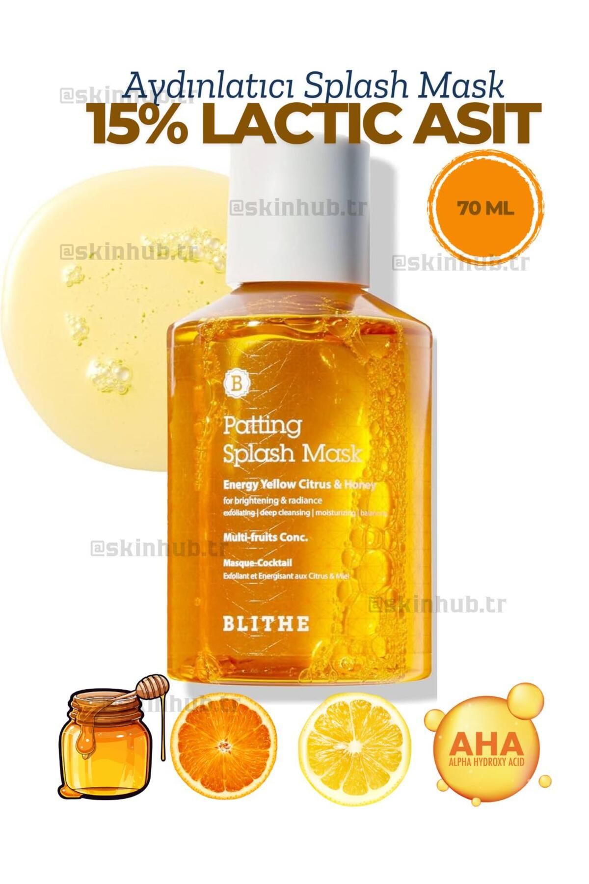 BLITHE 15% Lactic asit sitrus meyve ve bal içeren BLITHE Energy Yellow Citrus&Honey Splash Mask 70 ml