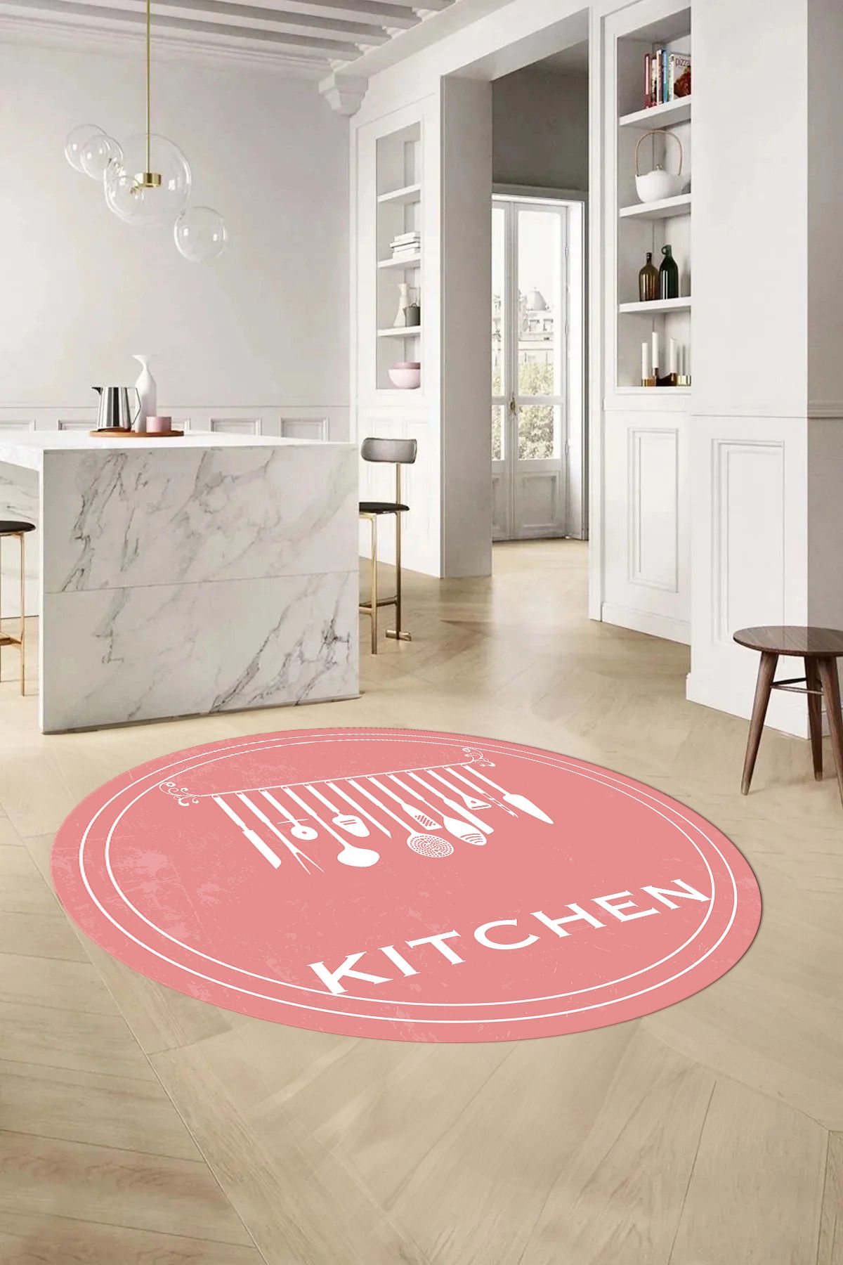 Napoli Home Baskılı Çatal Bıçak Desen Kitchen Yazılı Yıkanabilir  Yuvarlak Mutfak Halısı, MUTFAK-Y-68-PEMBE,