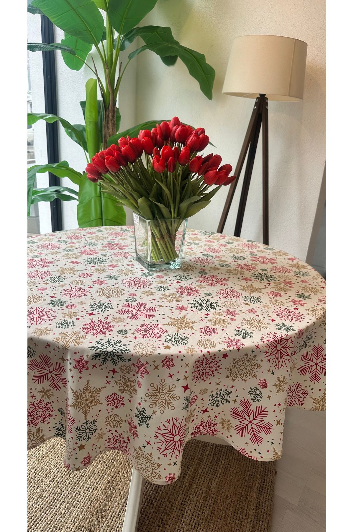 Decamor home-Laceless Stain Resistant Snowflake Pattern Ecru Round Tablecloth 3