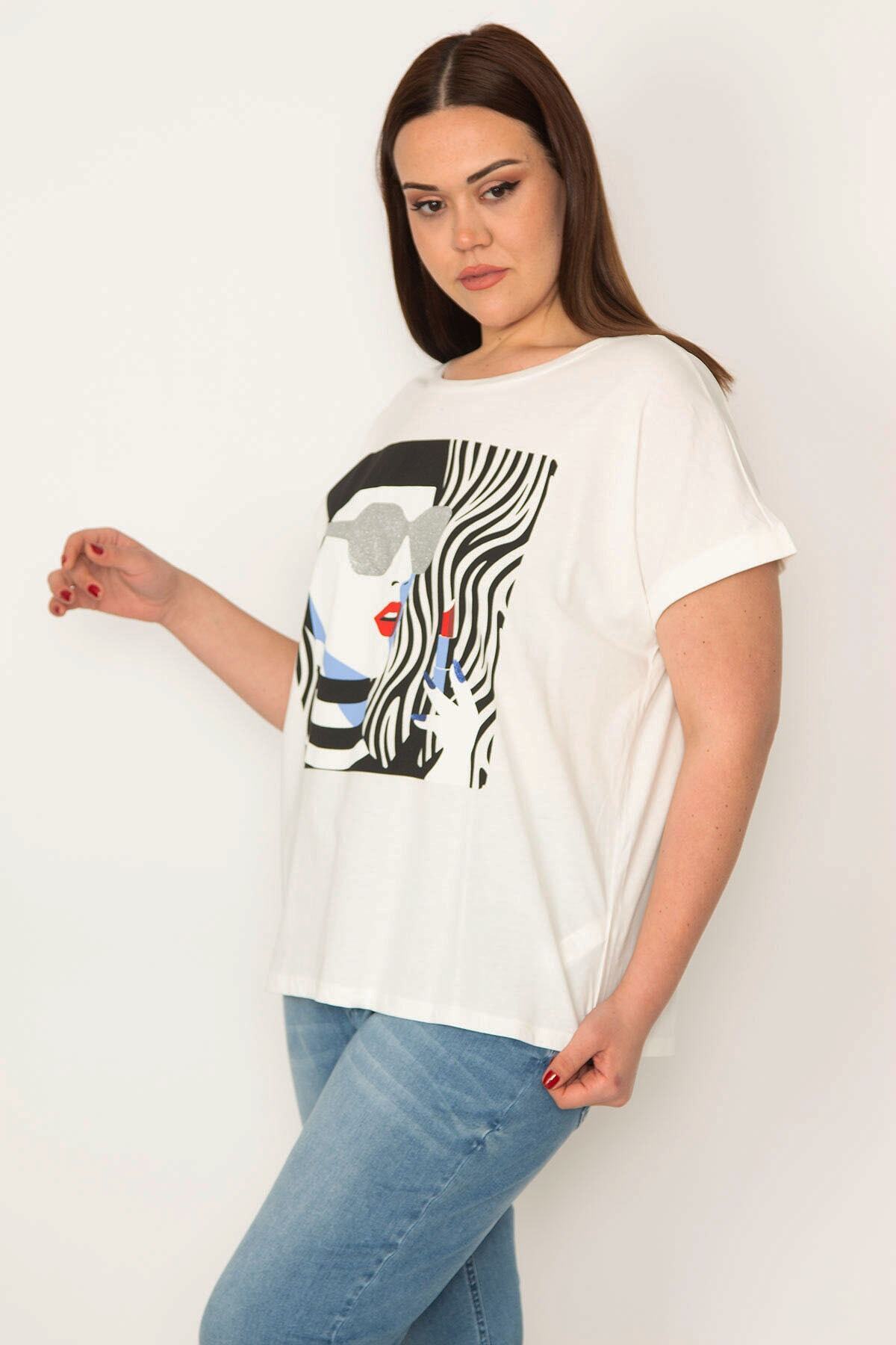 Şans-Women's Plus Size White Cotton Fabric Blouse with Glitter and Print Detail 65n32227 4
