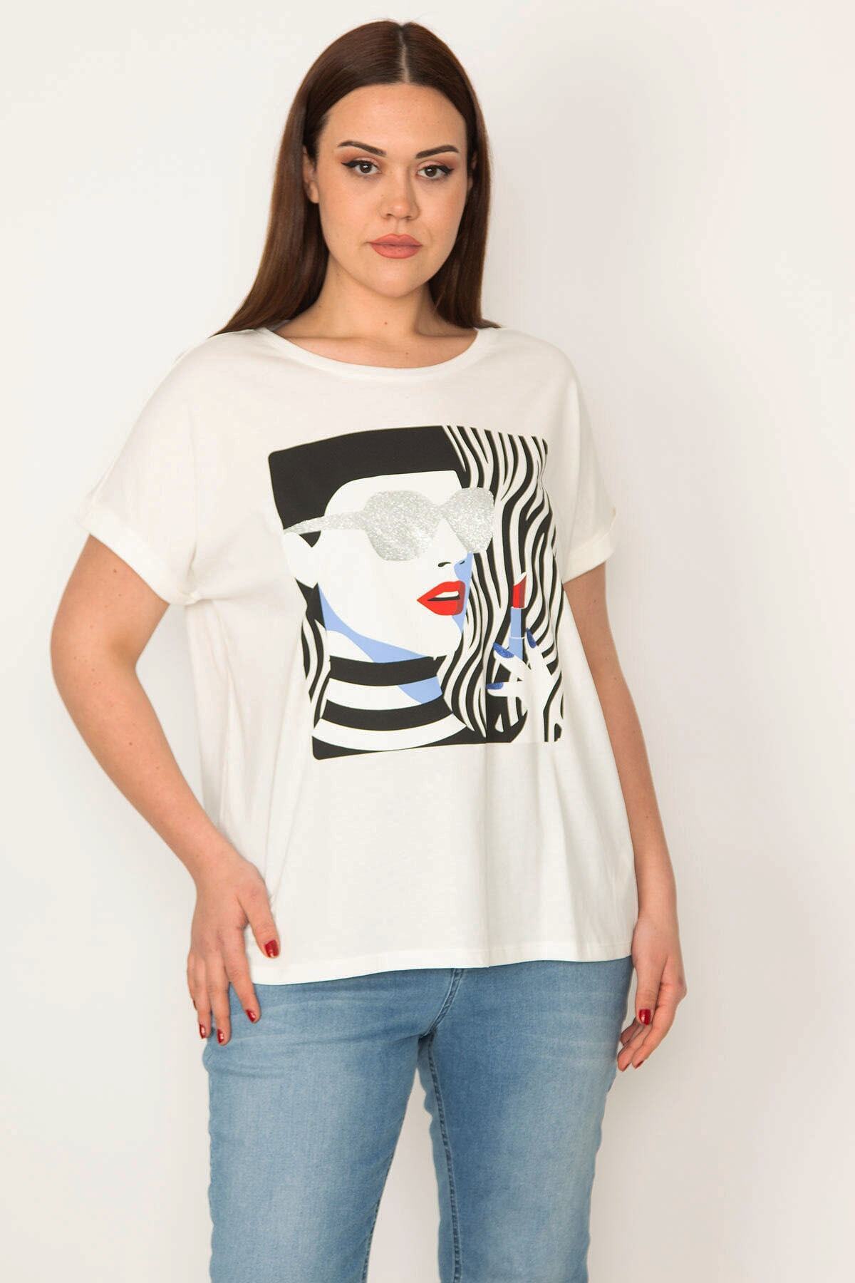 Şans-Women's Plus Size White Cotton Fabric Blouse with Glitter and Print Detail 65n32227 1