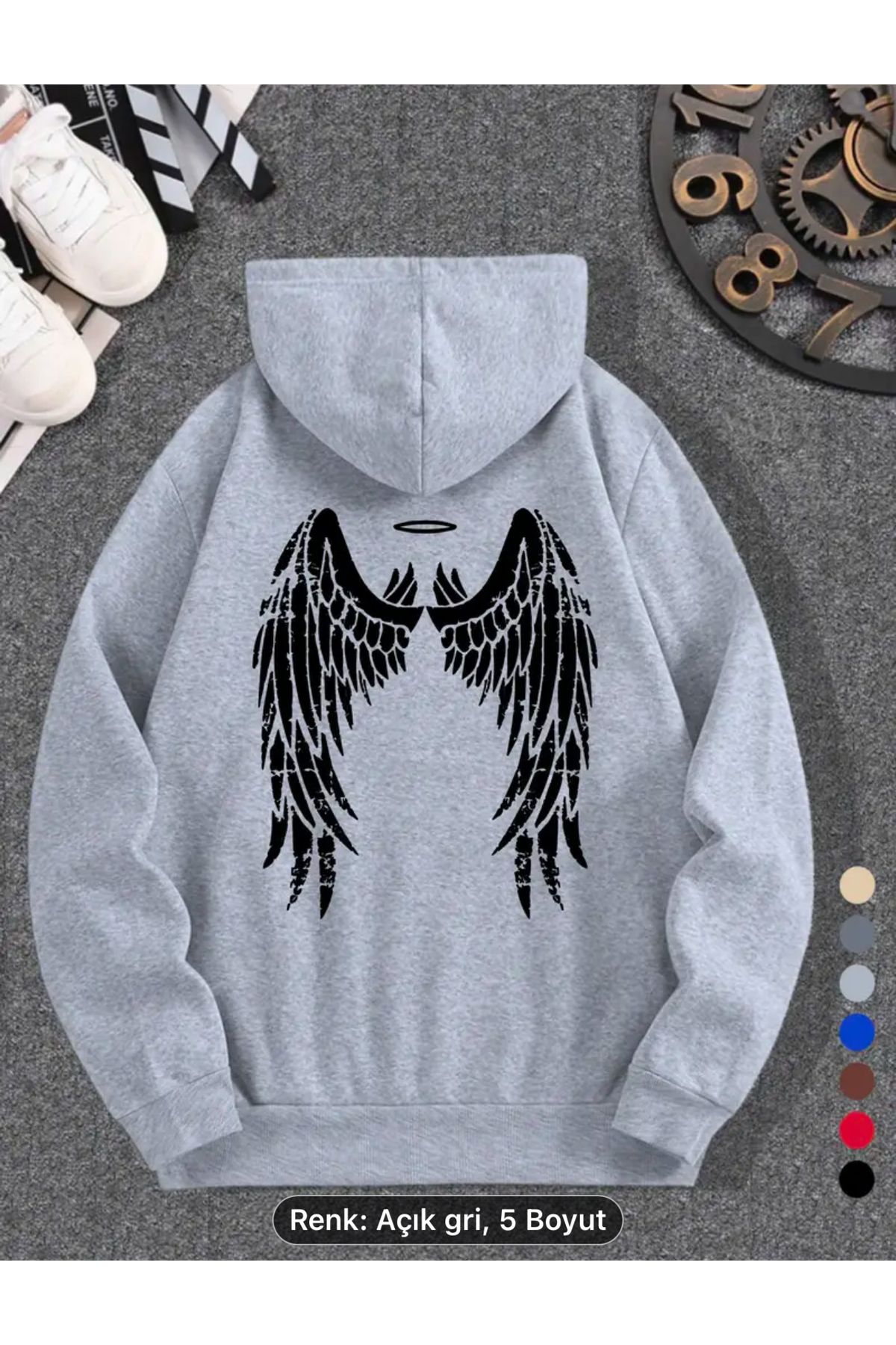 NEW TRENDY COLLECTİON melek kanat sırt baskılı kanguru siyah kapüşonlu sweatshirt