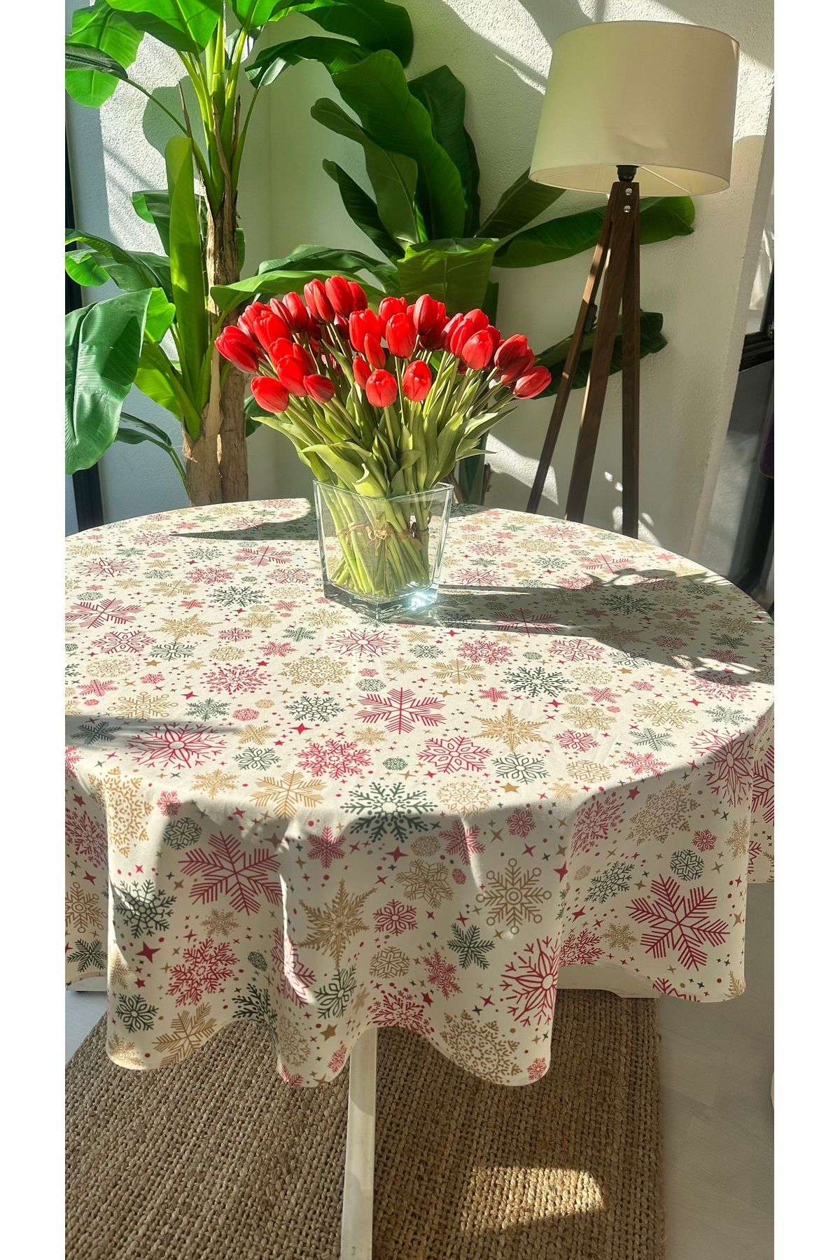 Decamor home-Laceless Stain Resistant Snowflake Pattern Ecru Round Tablecloth 2