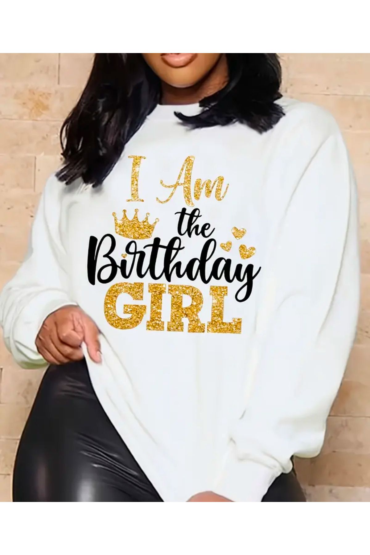 NEW TRENDY COLLECTİON I am the birthday girl baskılı beyaz 3 iplik bisiklet yaka sweatshirt