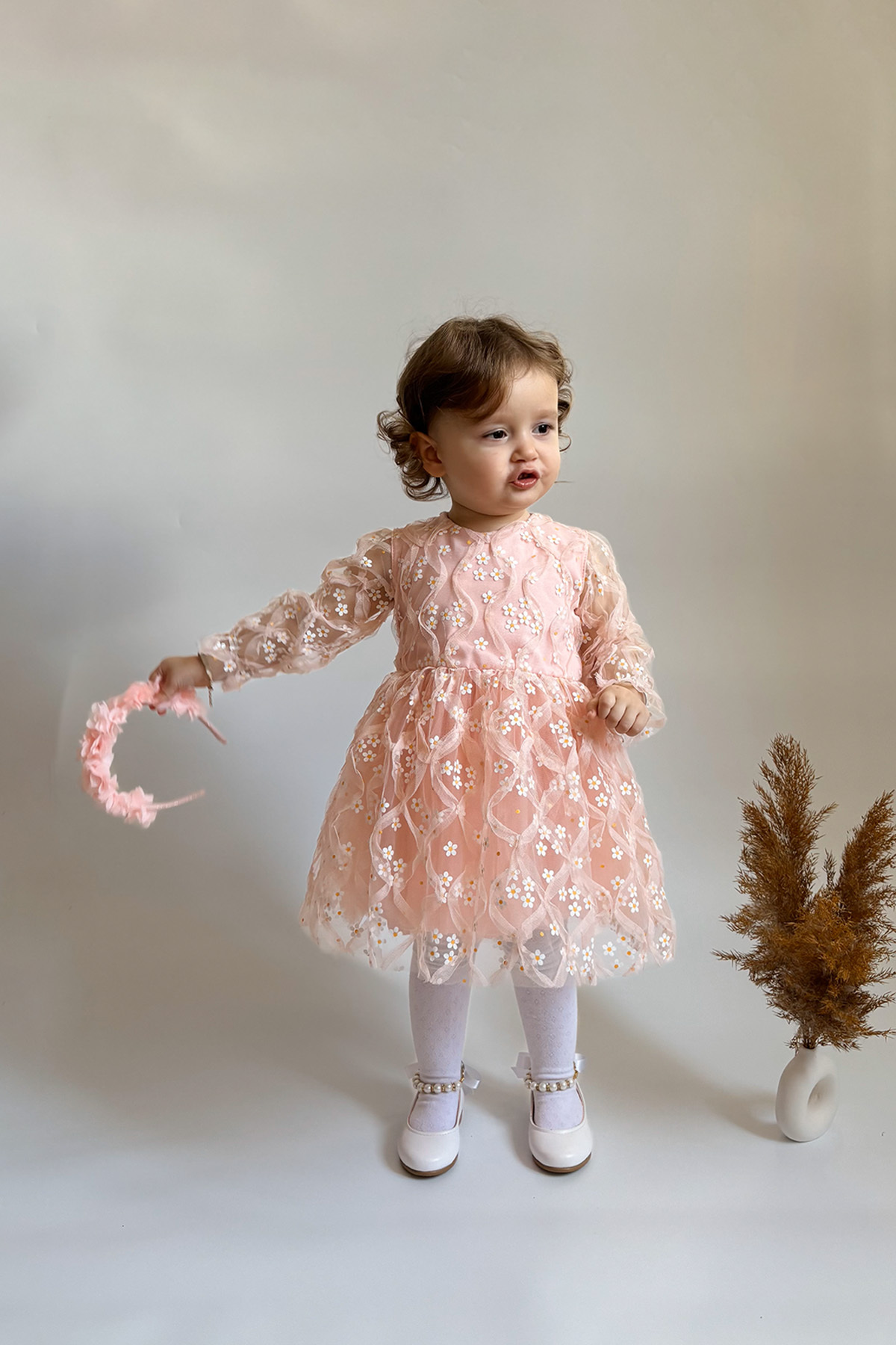 ALYRA Kız Çocuk Bebek Uzun Kollu Papatyalı Çiçekli Tüllü Doğum Günü Düğün Parti Özel Gün Bayramlık Elbise fotoğrafı 2 (önizleme)