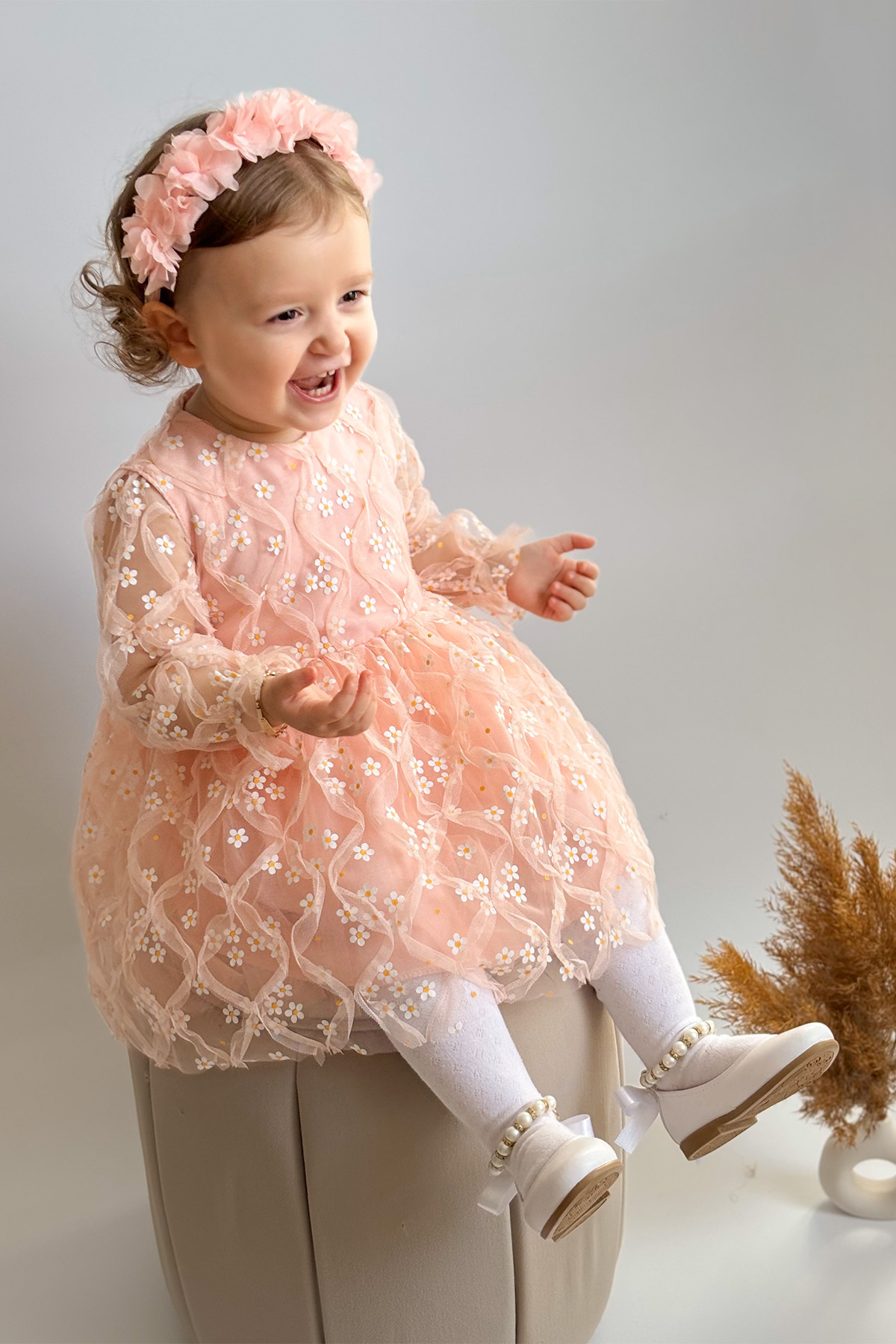 ALYRA Kız Çocuk Bebek Uzun Kollu Papatyalı Çiçekli Tüllü Doğum Günü Düğün Parti Özel Gün Bayramlık Elbise fotoğrafı 3 (önizleme)