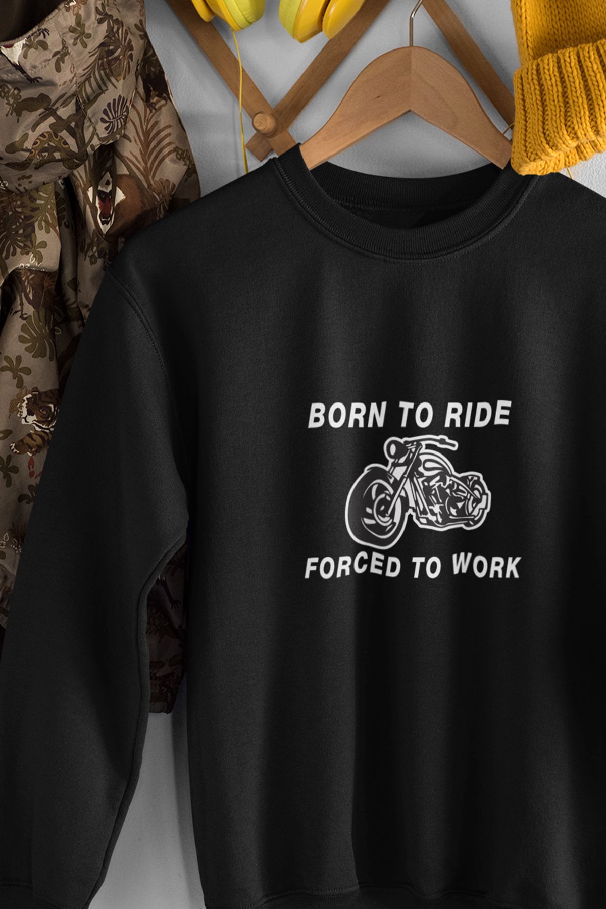 qoeuyl boutique Born To Ride Forced To Work Baskılı Hediyelik Unisex %100 Pamuk Bisiklet Yaka Sweatshirt