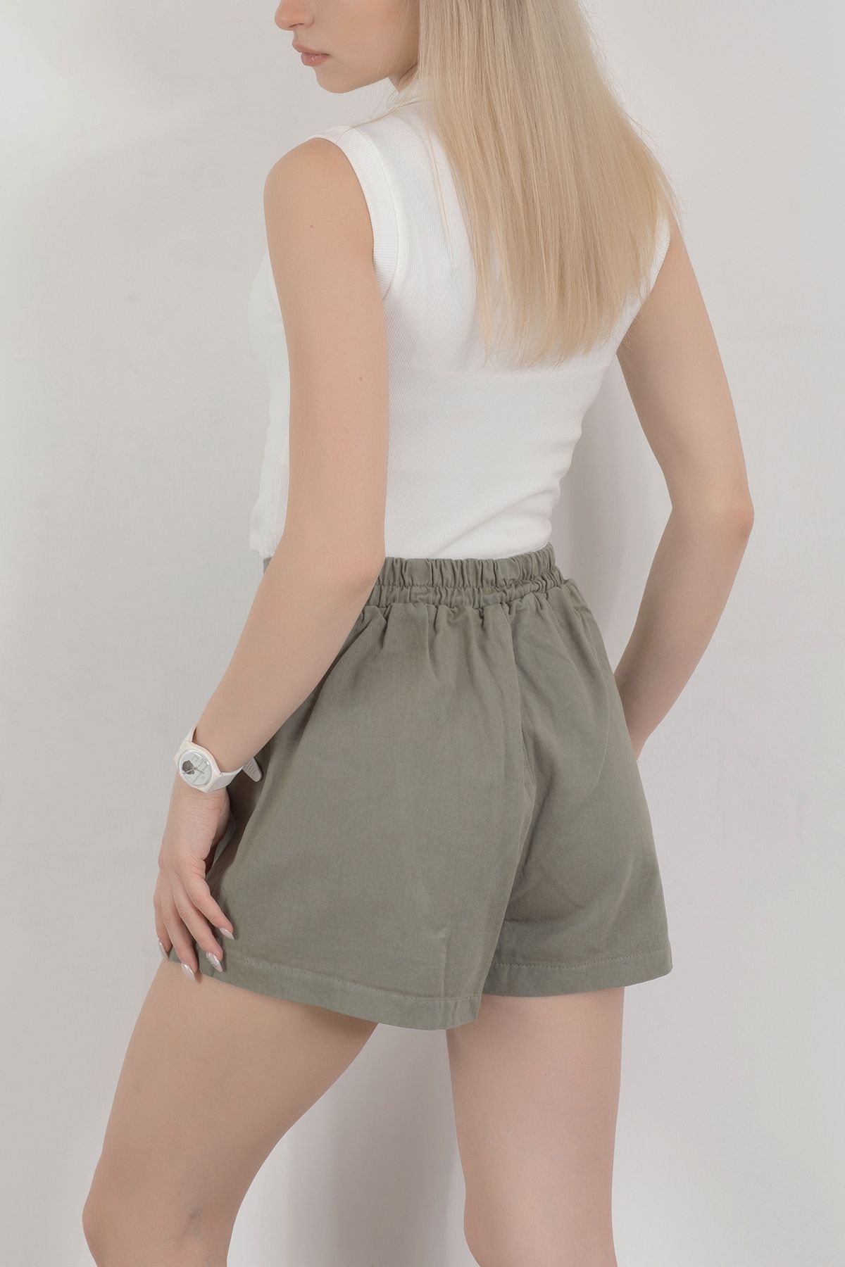 GİYSA-Khaki Women's Shorts Skirt - Elastic Waist and Side Zip - 4411 3