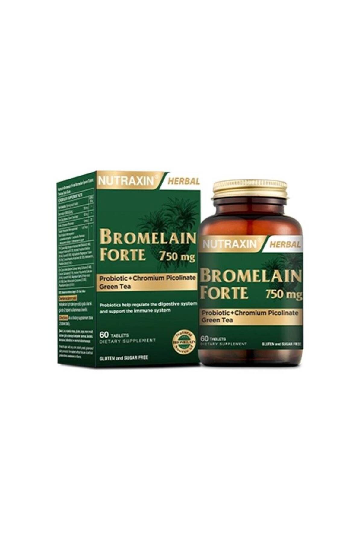 Nutraxin Bromelain Forte 60 Tablet Bromelain, yeşil çay, krom ve probiyotik içeren takviye edici gıda.