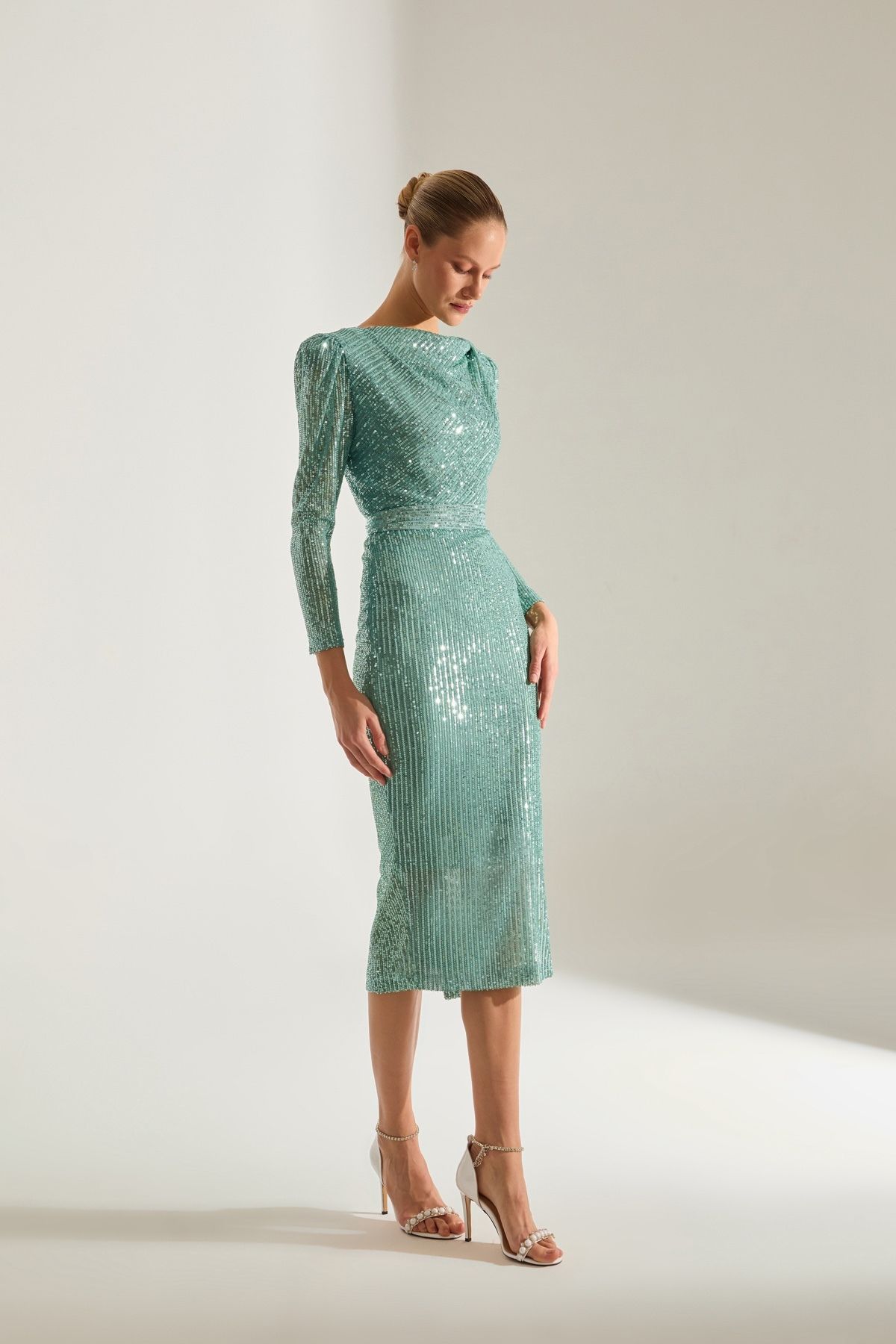 BETTY & SAM-Degaje Neckline Pencil Skirt Water Green Lurex Sequin Engagement Dress 3