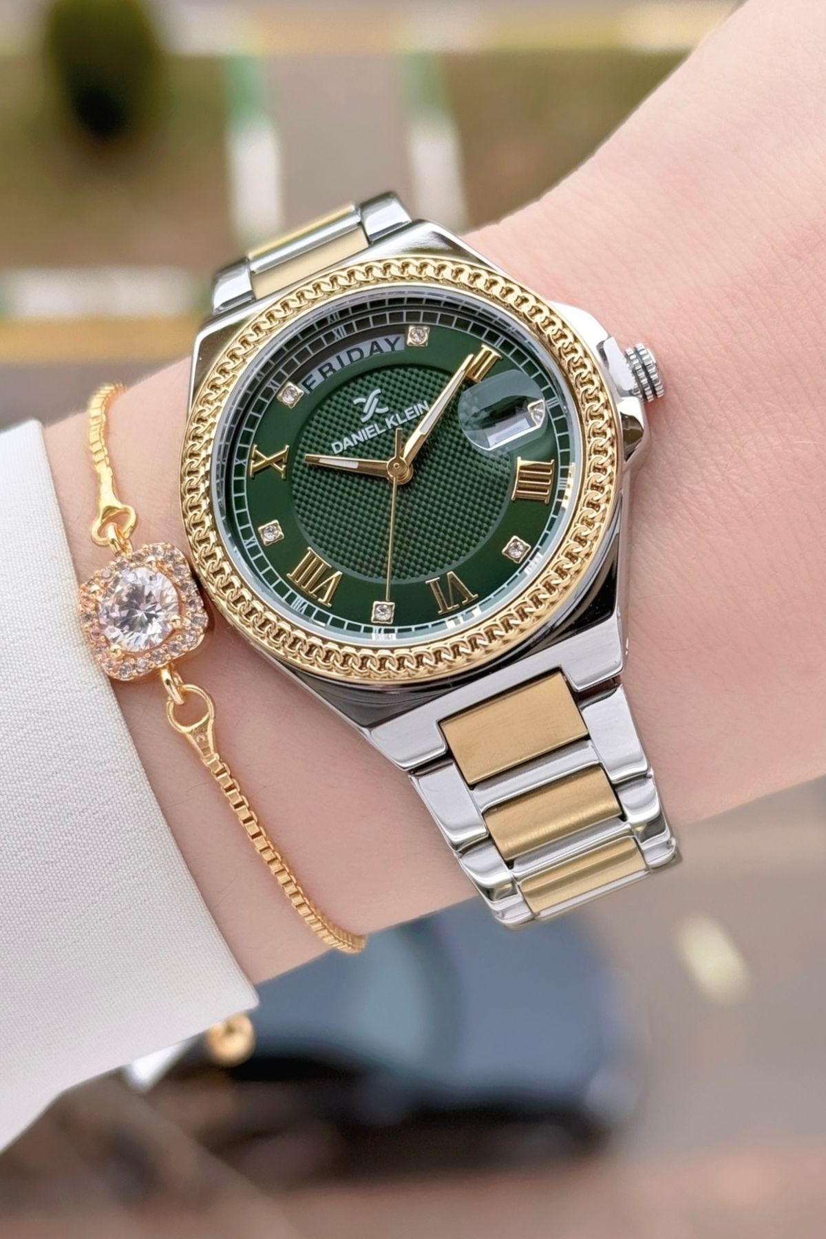 Daniel Klein Kadranı Yeşil  Kordonu Gold Gümüş Renk 35 mm Kadın Kol Saati ve Bielklik