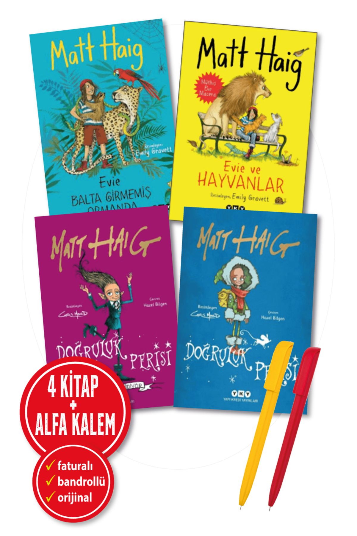 Yapı Kredi Yayınları Alfa Kalem+Matt Haig 4 Kitap(Evie Balta Girmemiş Orman+Evie Hayvanlar+Doğruluk Perisi+Okula Gidiyor)