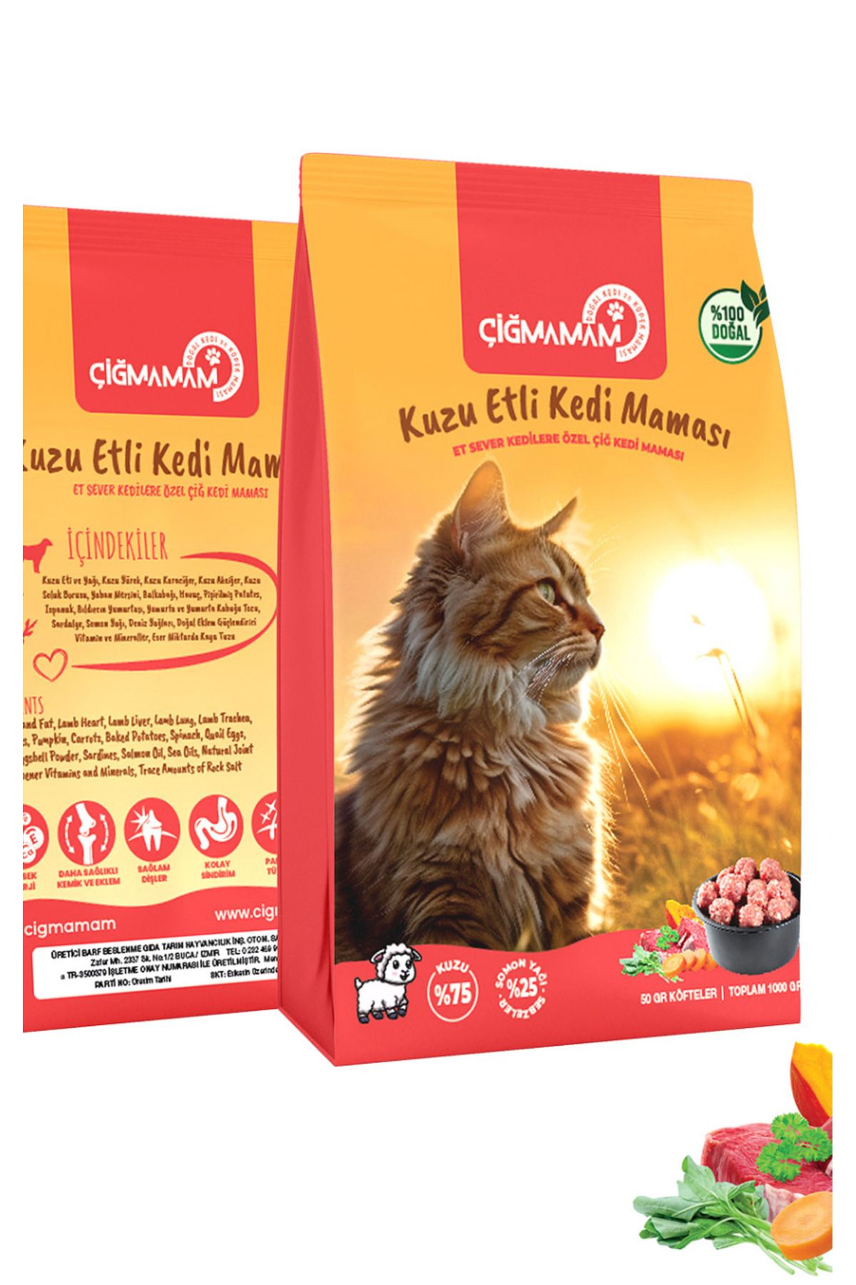 Çiğmamam Doğal Kedi ve Köpek Maması Çiğmamam Kuzu Etli Kedi Barf Maması 4 Kg 4 Adet 1000 Gr