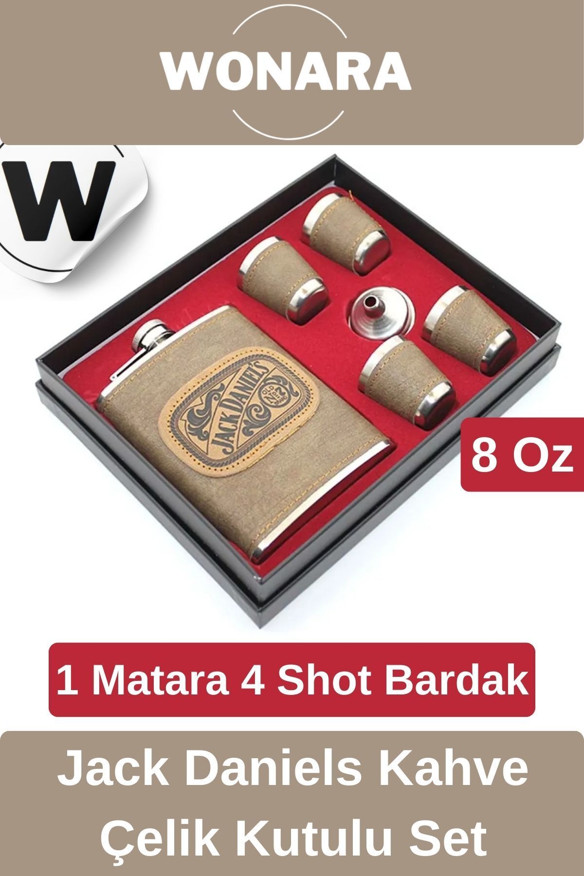 Wonara Özel Tasarım Hediye Zarif Jack Daniels Soğuk Tutan Kahve Çelik Kutulu 1 Matara 4 Shot Bardak Seti