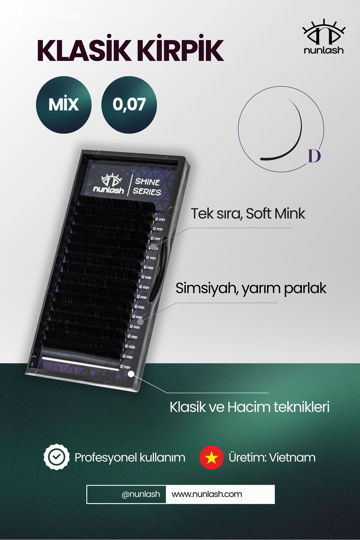 nunlash Klasik Serisi Ipek Kirpik D; 0,07; Mix 8-14mm (TEKLİ KİRPİKLER)