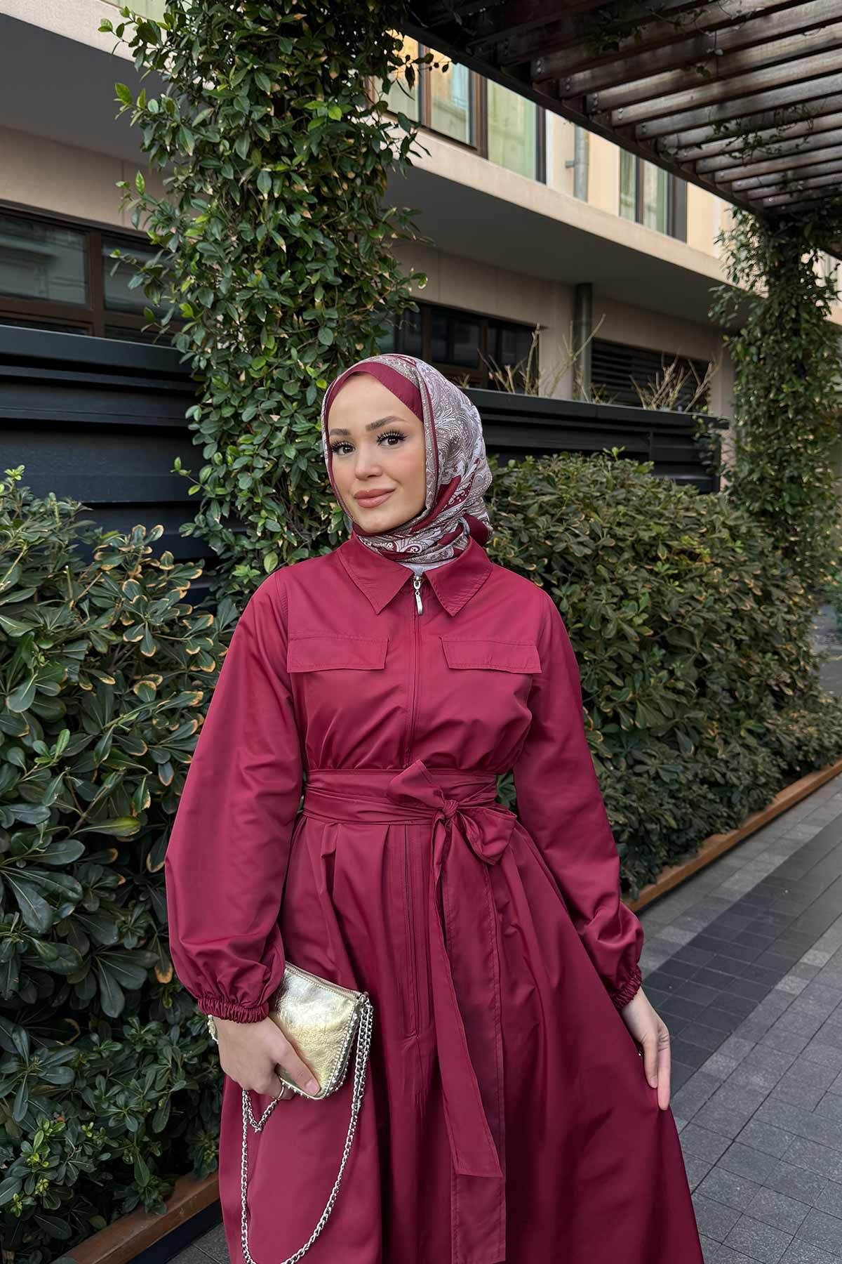 Melike Tatar-Claret Red Belted Dress 32-3517 2