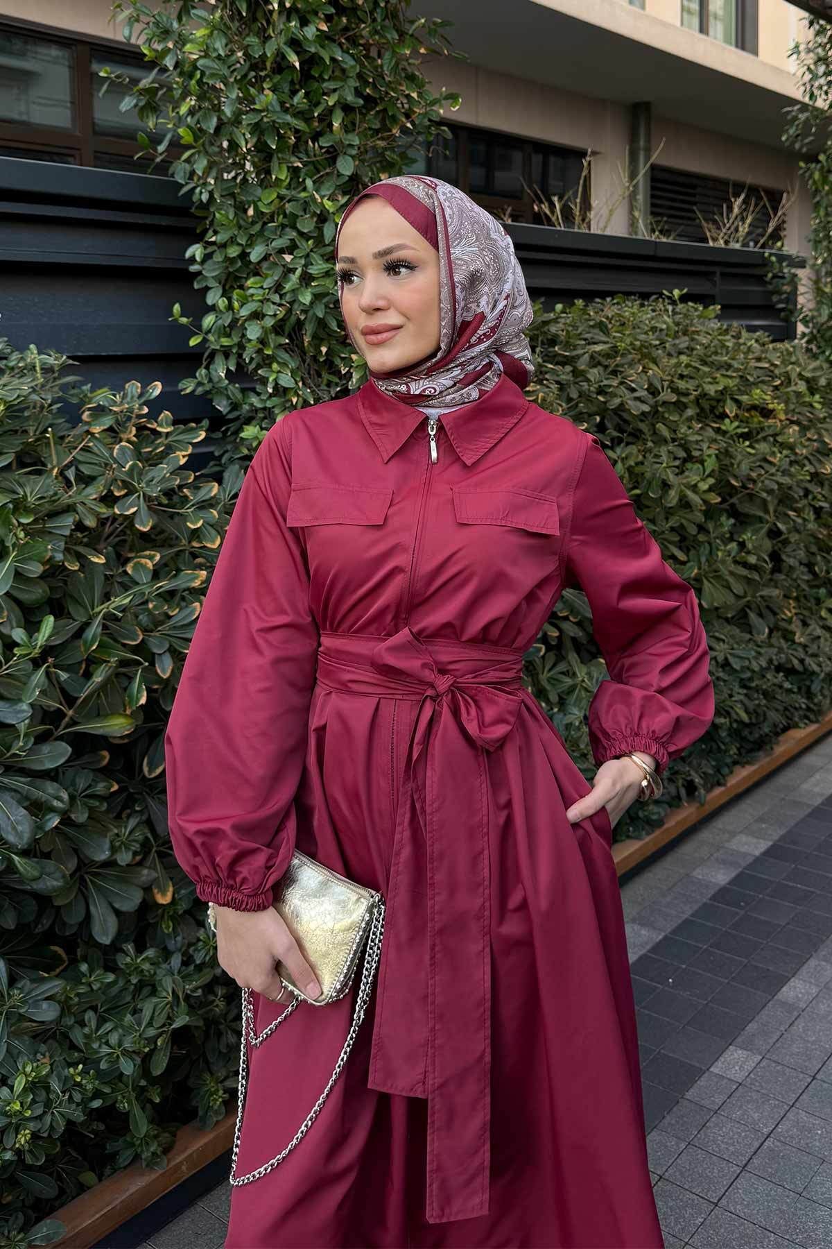 Melike Tatar-Claret Red Belted Dress 32-3517 4