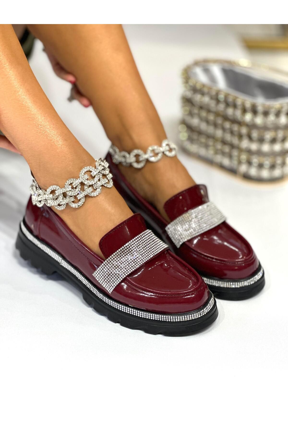 Giydim Gidiyor Kristal Taşlı Rugan Loafer Bordo