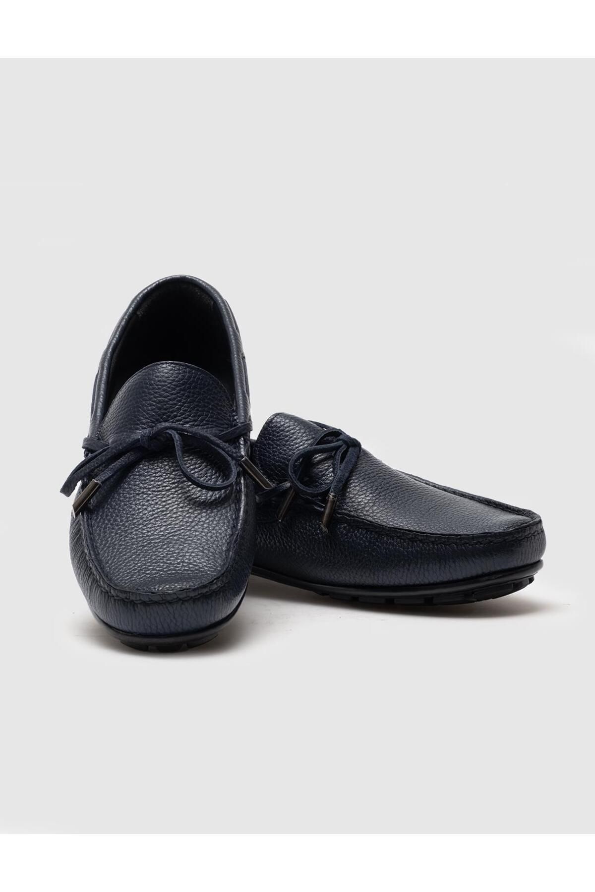 Cabani-Genuine Leather Navy Blue Men's Loafer Shoes with Bow Detail 4