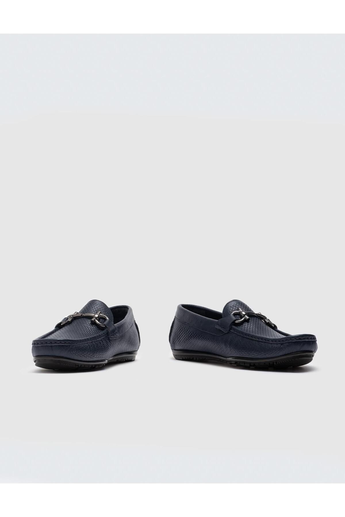 Cabani-Genuine Leather Buckle Detailed Navy Blue Men's Loafer 4