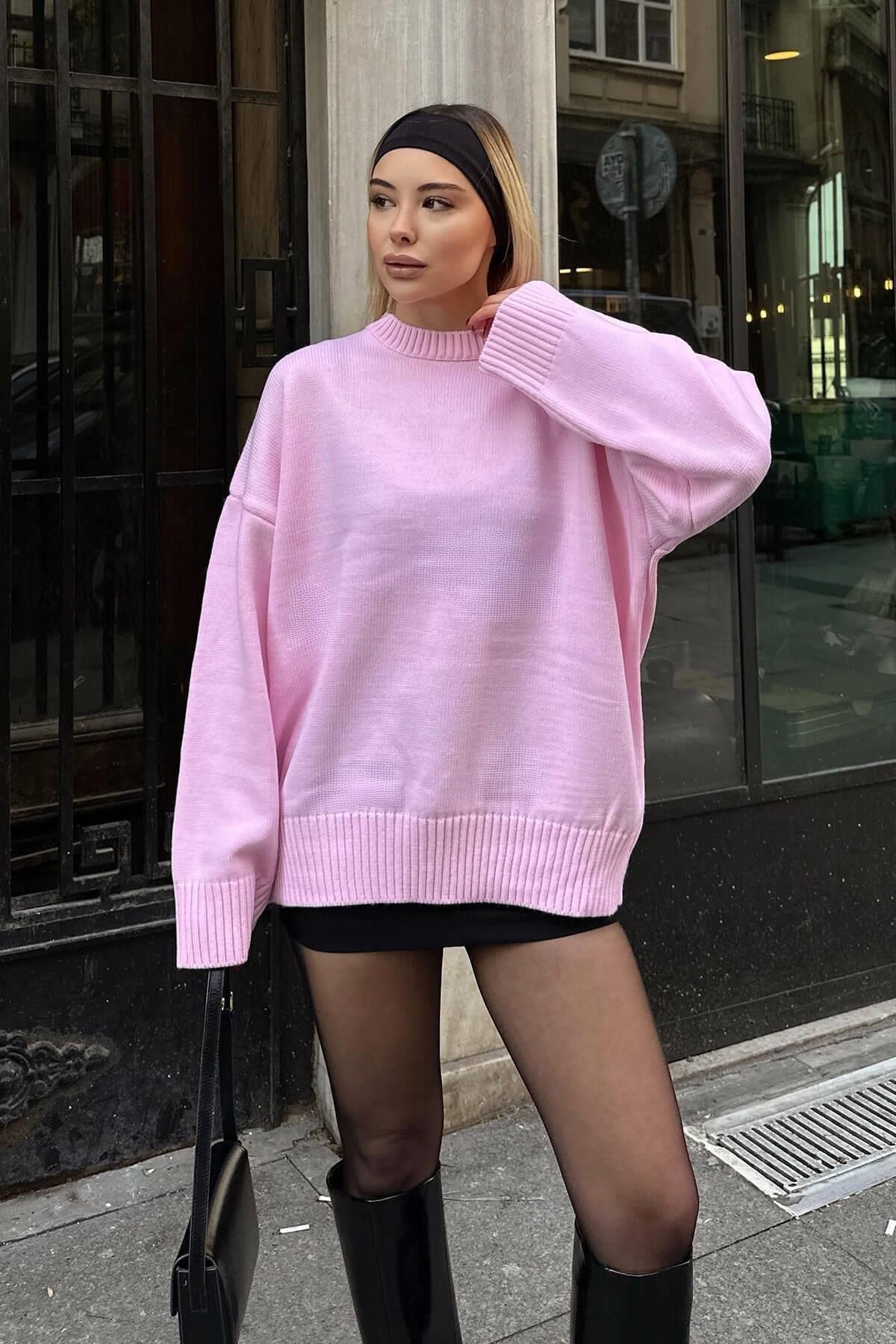 Swist-Pink Biscuit Crew Neck Oversize női kötöttáru pulóver 3