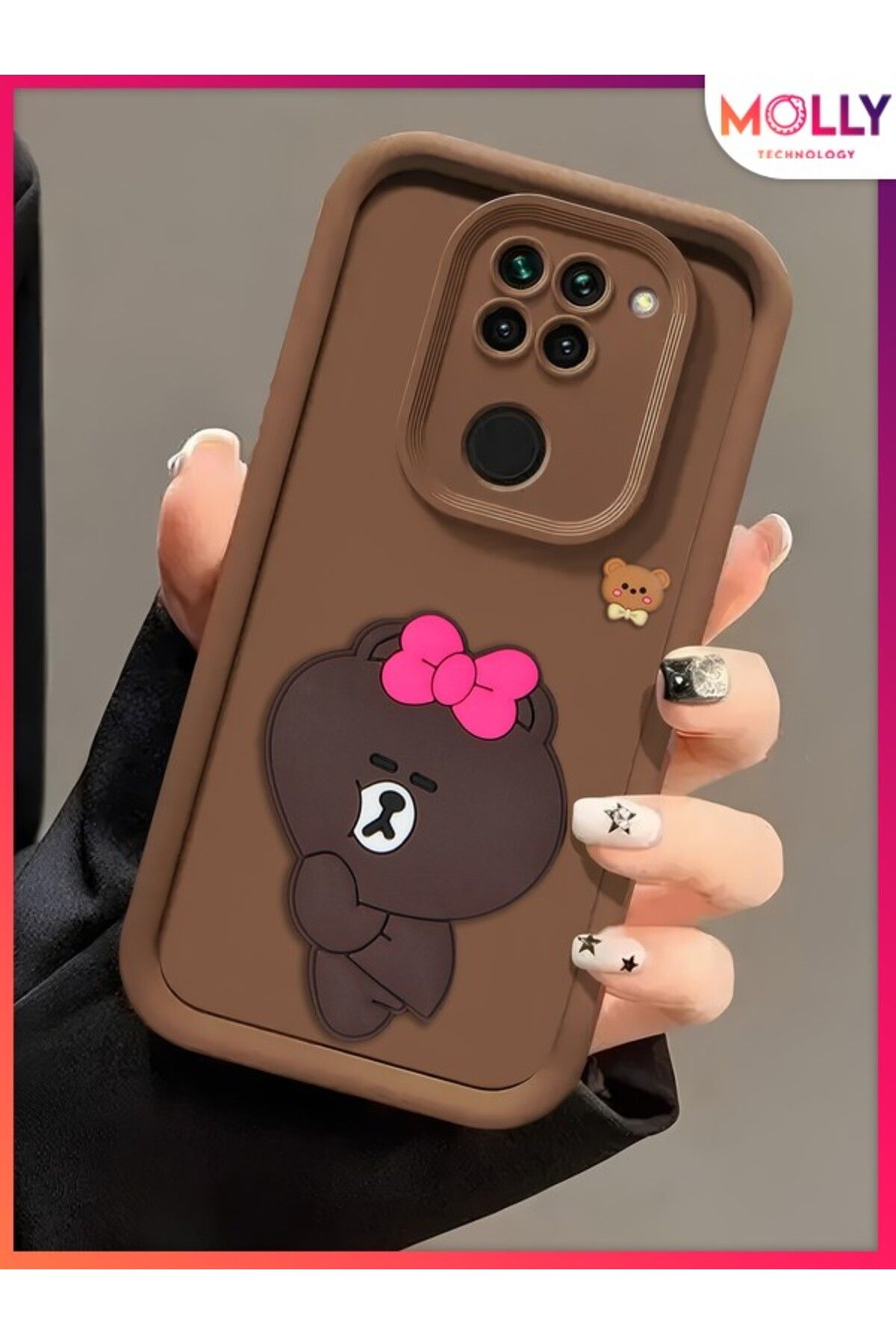 Molly Xiaomi Redmi Note 9 İçin Fallow Brown Kenarları Kalın 3d Kabartmalı Sevimli Alice Bear Silikon Kılıf