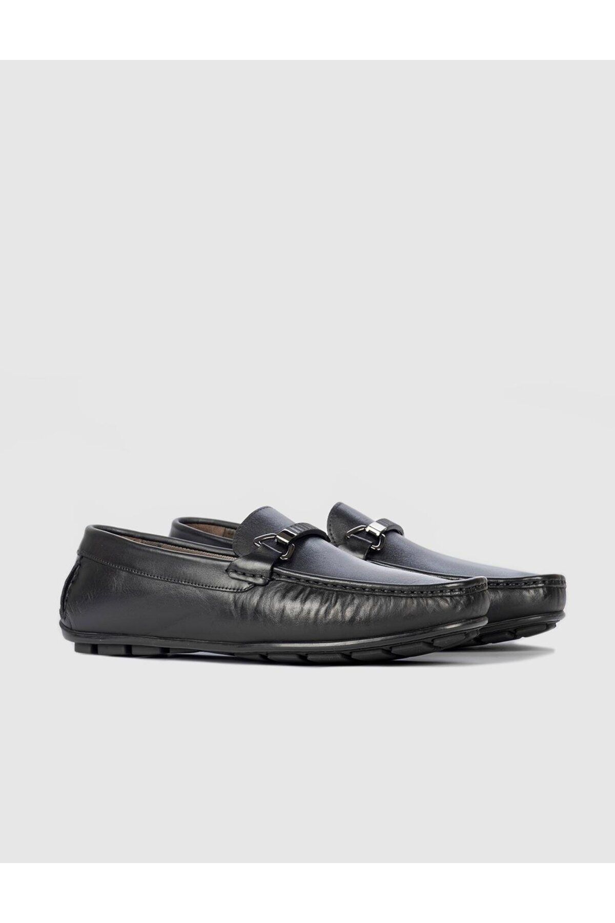 Cabani-Genuine Leather Black Men's Loafer with Buckle Detail 2