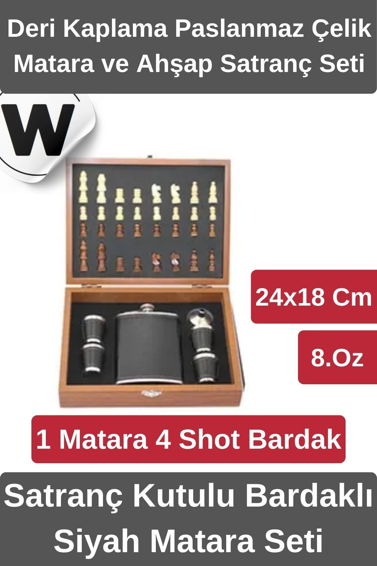 Wonara Premium Ahşap Mini Satranç Kutulu Set ve 4 Shot Bardaklı Deri Kaplama Paslanmaz Çelik Matara Seti