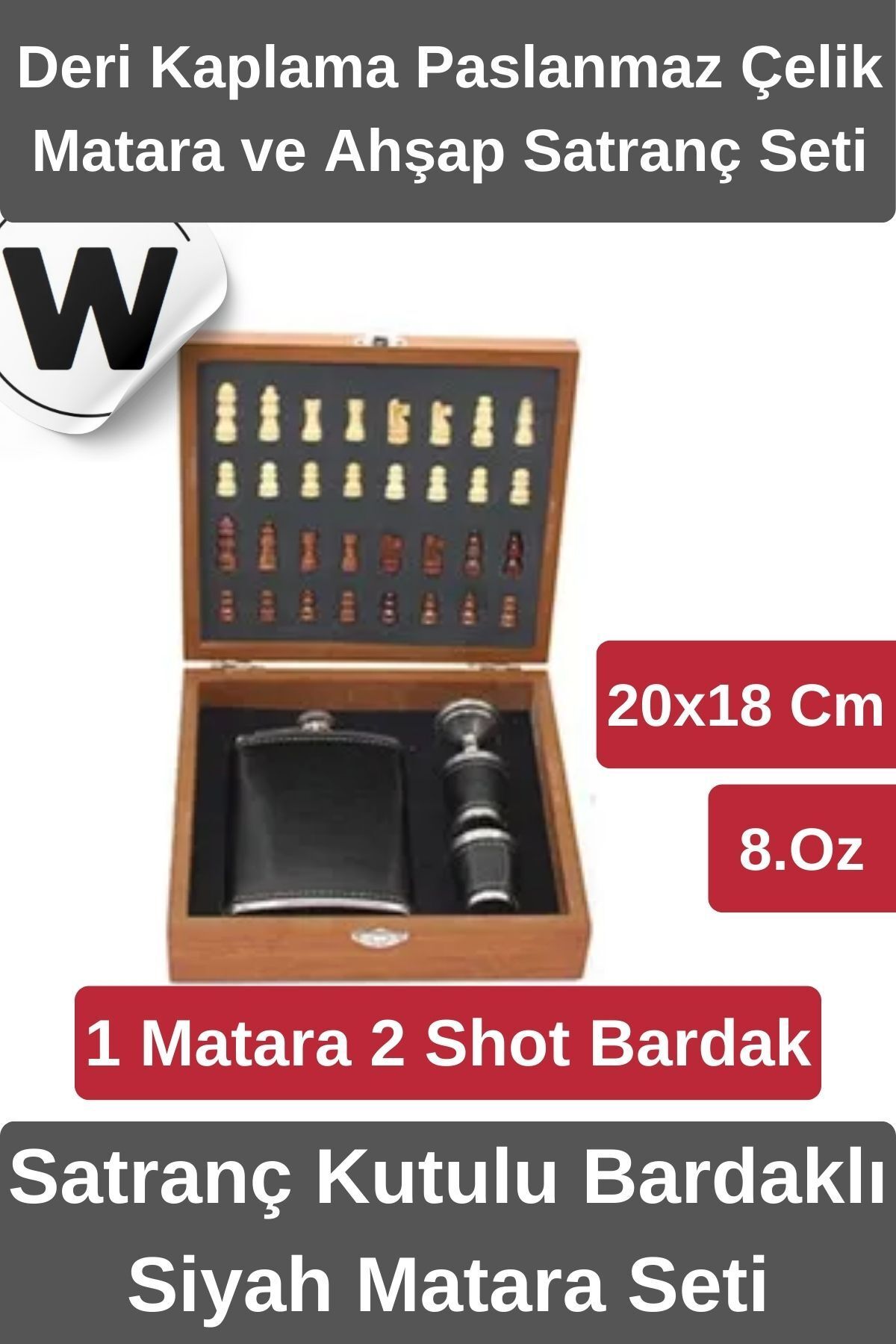 Wonara Premium Ahşap Mini Satranç Kutulu Set ve 2 Shot Bardaklı Deri Kaplama Paslanmaz Çelik Matara Seti