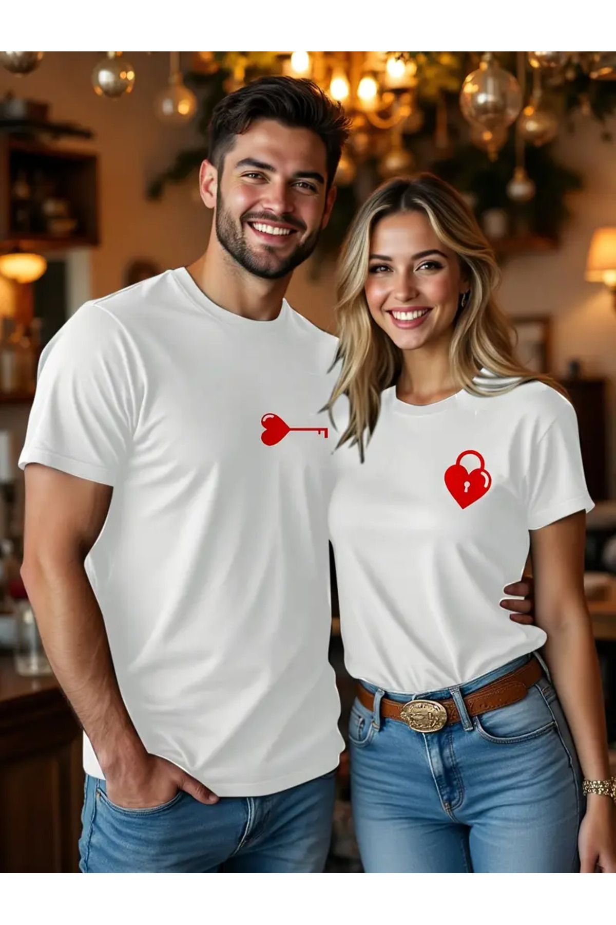 LEIVOR Kilit & Anahtar Tasarım Sevgili Çift Kombini Unisex T- Shirt (Harfleri İletiniz)