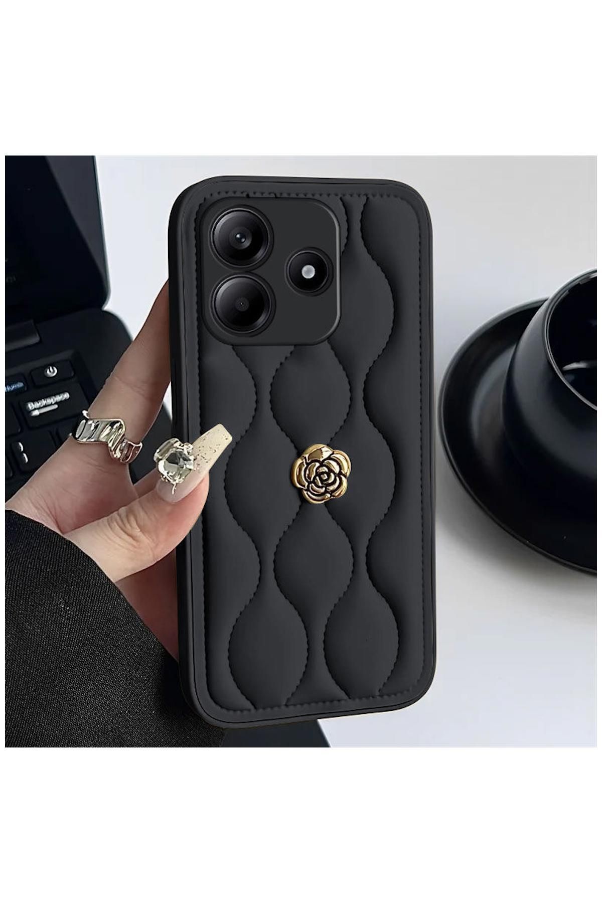 Pro Aksesuar Xiaomi Redmi Note 14 5G Uyumlu Kılıf Çiçekli Dalgalı Deri Kılıf Siyah