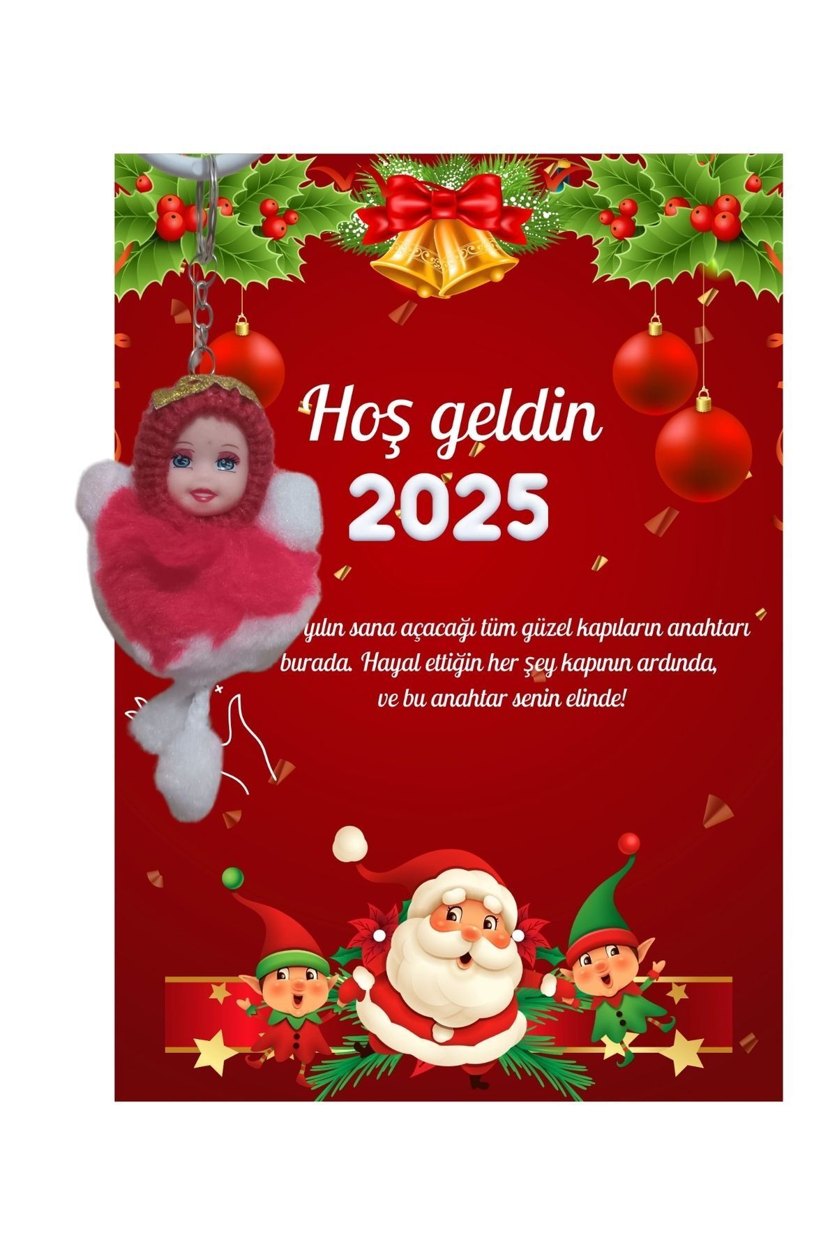 Elioure Yeni Yıl Noel Baba Kart Üzerinde Anahtarlık (Kişiye Özel Yazı Yazdırılabilir) Peluş Bebek 5 adet