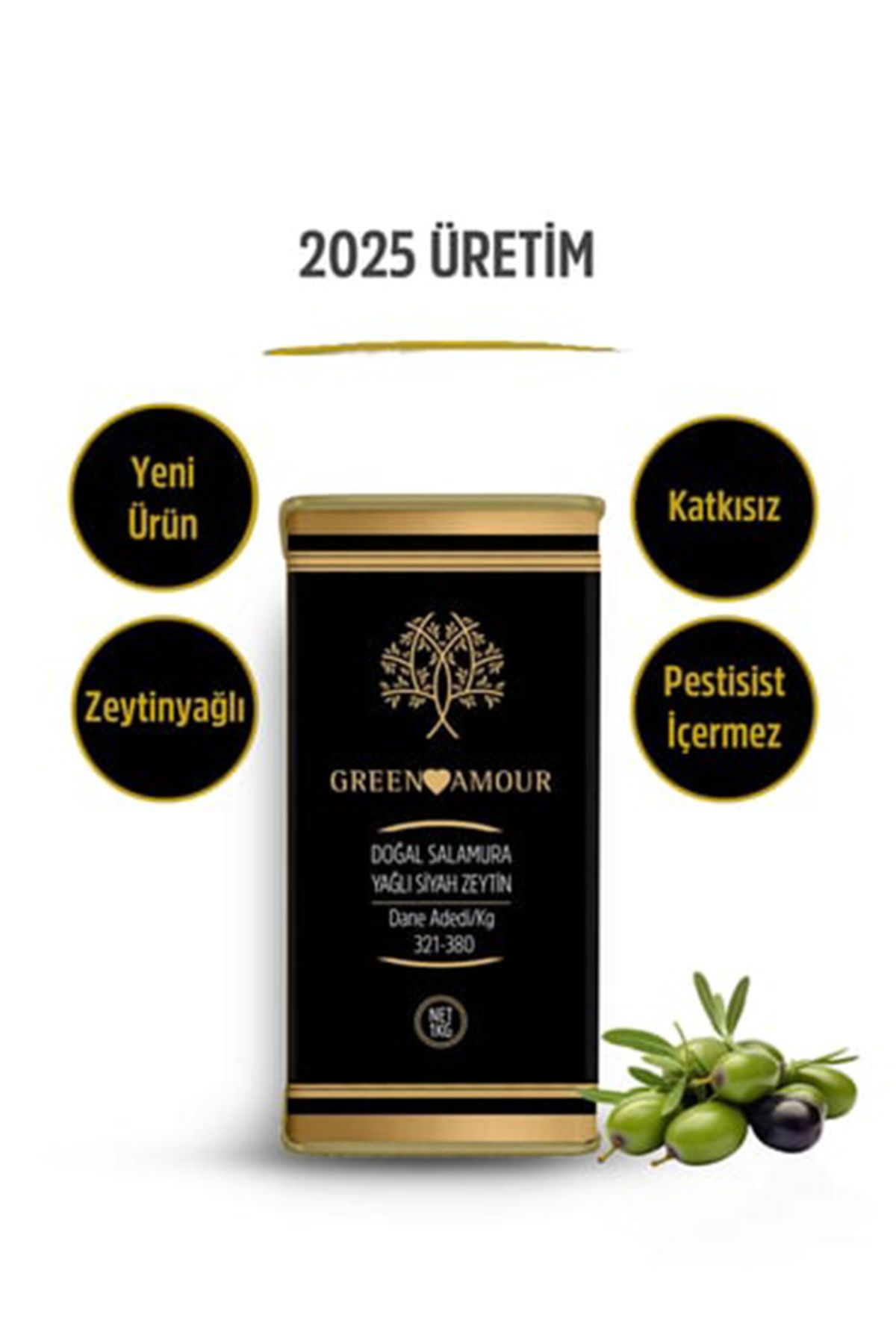 Green Amour Gemlik Doğal Salamura Siyah Zeytin Net 1 kg Pestisit İçermez