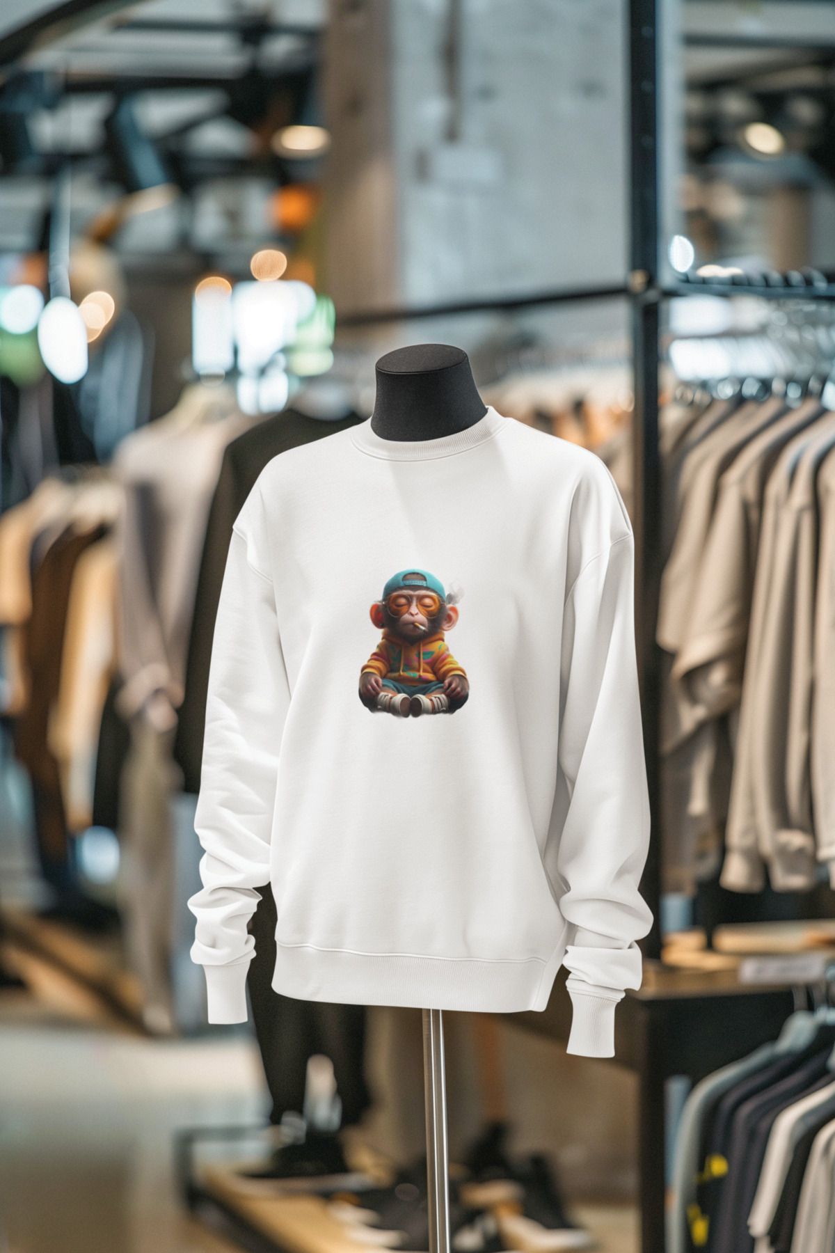 MAGORS GLASSED MONKEY BASKILI UNISEX PAMUKLU UZUN KOLLU ŞARDONLU 3 İPLİK BİSİKLET YAKA SWEATSHIRT