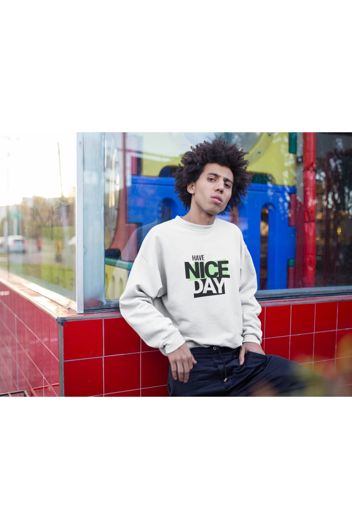 MAGORS NICE DAY BASKILI ERKEK PAMUKLU UZUN KOLLU ŞARDONLU 3 İPLİK BİSİKLET YAKA SWEATSHIRT